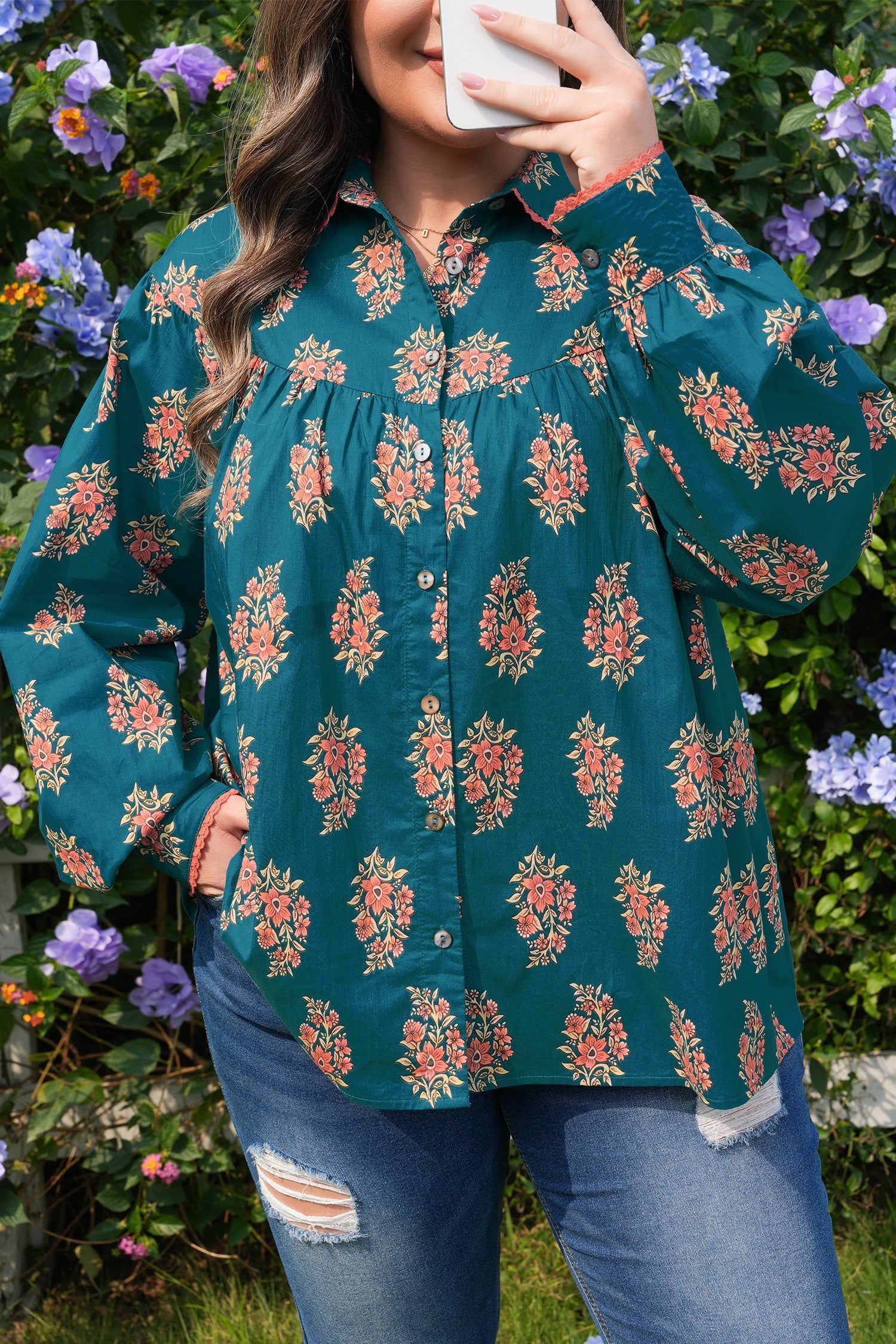 Green Plus Size Floral Print Contrast Lacy Trim Pleated Loose Shirt-Plus Size/Plus Size Tops/Plus Size Blouses & Shirts-[Adult]-[Female]-2022 Online Blue Zone Planet