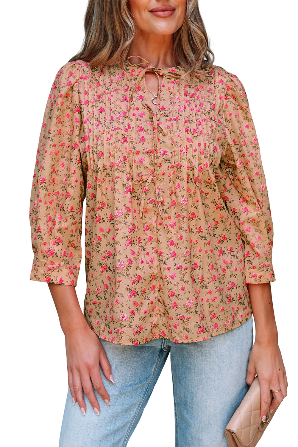 Light French Beige Floral Print Bow Pintuck Bust Half Puff Sleeve Blouse Top-Tops/Blouses & Shirts-[Adult]-[Female]-2022 Online Blue Zone Planet