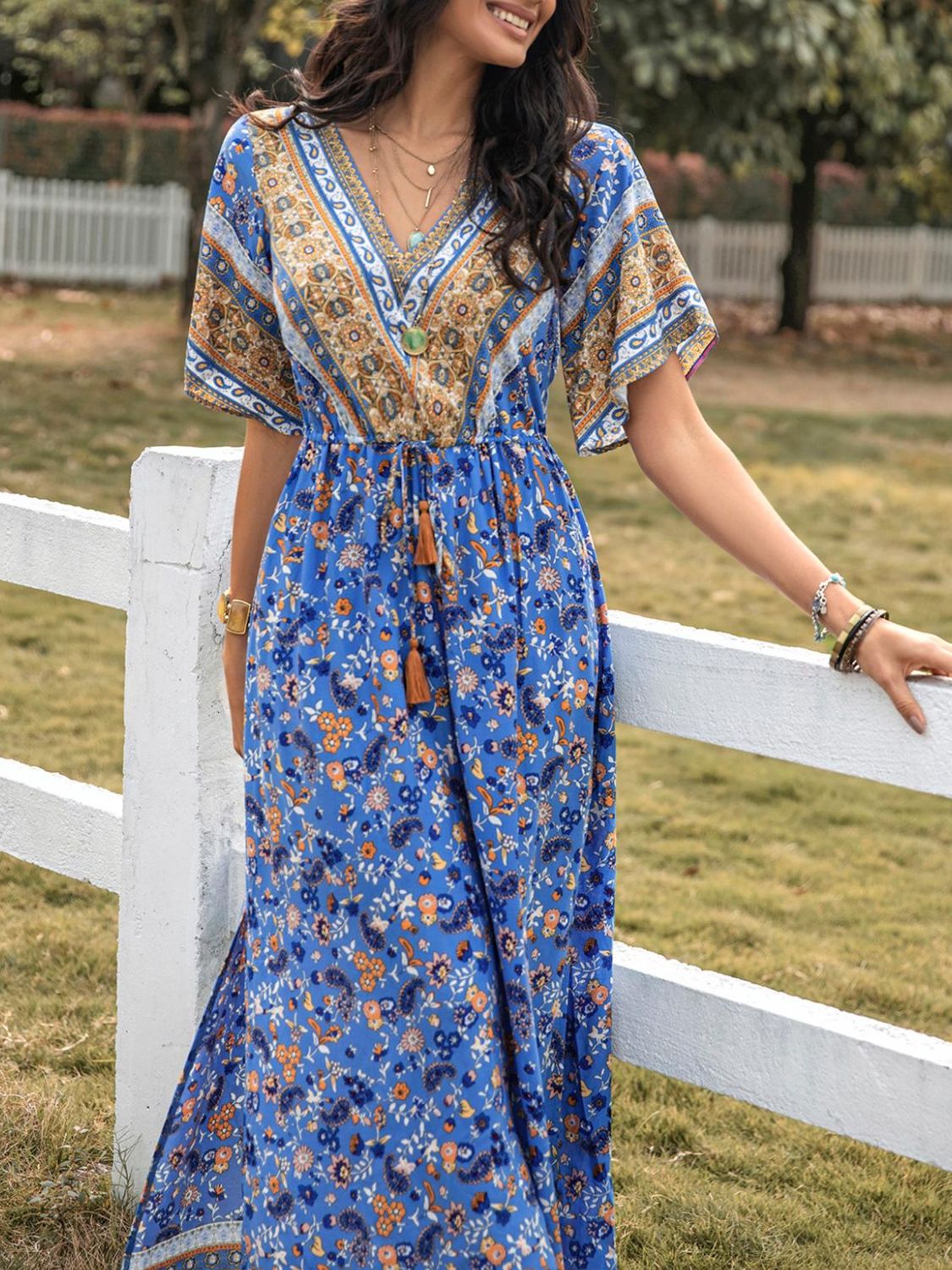 Blue Zone Planet | Slit Printed V-Neck Half Sleeve Maxi Dress-TOPS / DRESSES-[Adult]-[Female]-Blue-S-2022 Online Blue Zone Planet