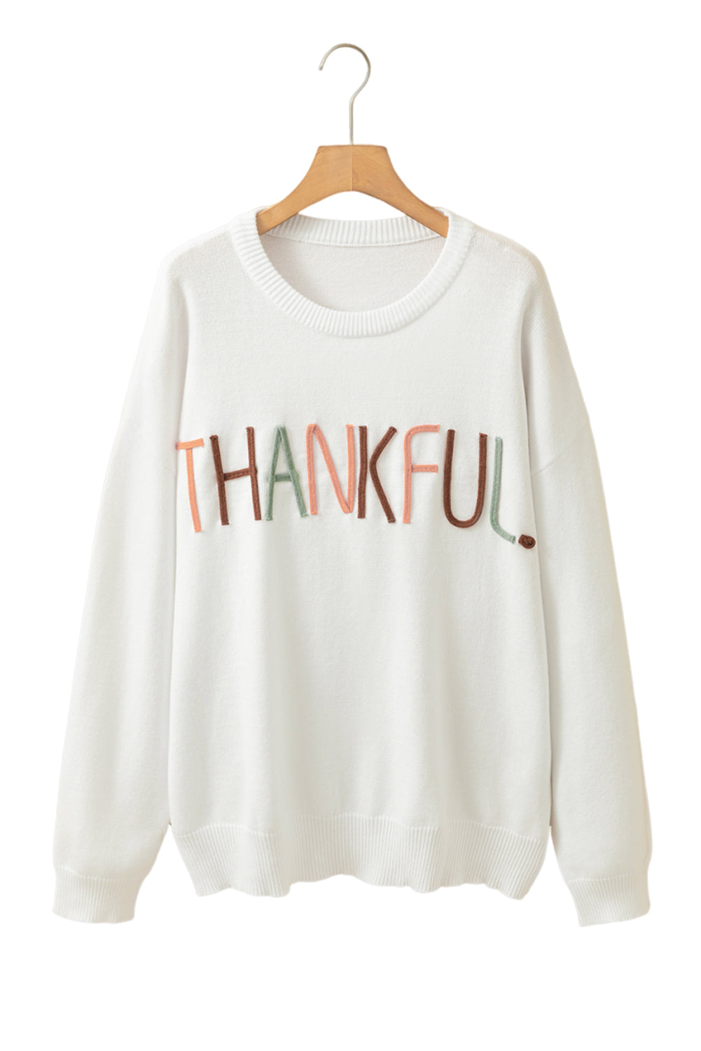 Blue Zone Planet | White Plus Size Thankful Ivory Embroidered Sweater-Plus Size/Plus Size Sweaters & Cardigans-[Adult]-[Female]-2022 Online Blue Zone Planet