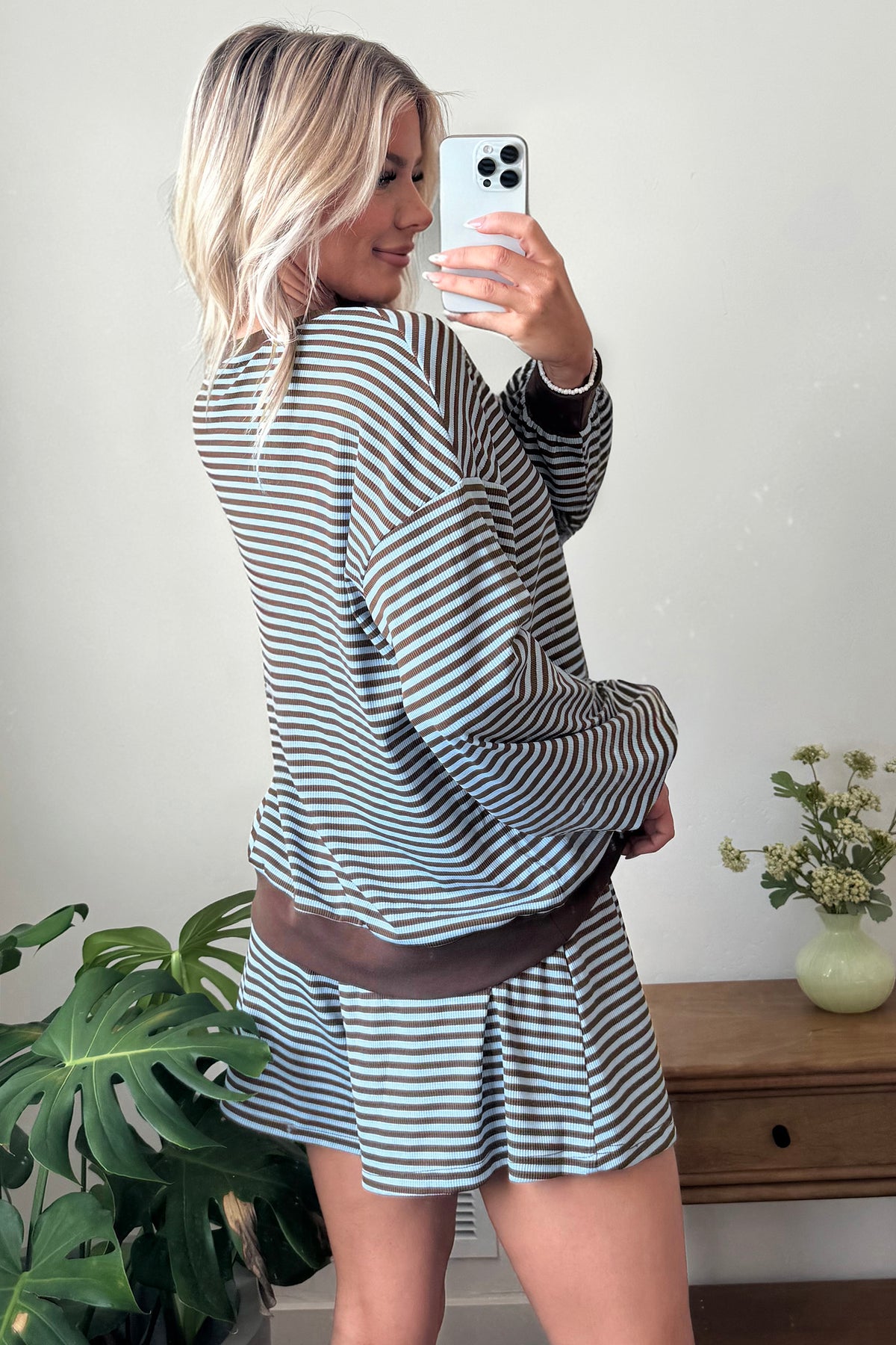 Brown Stripe Oversized Long Sleeve Top Drawstring Loose Shorts 2pcs Set-Two Piece Sets/Short Sets-[Adult]-[Female]-2022 Online Blue Zone Planet