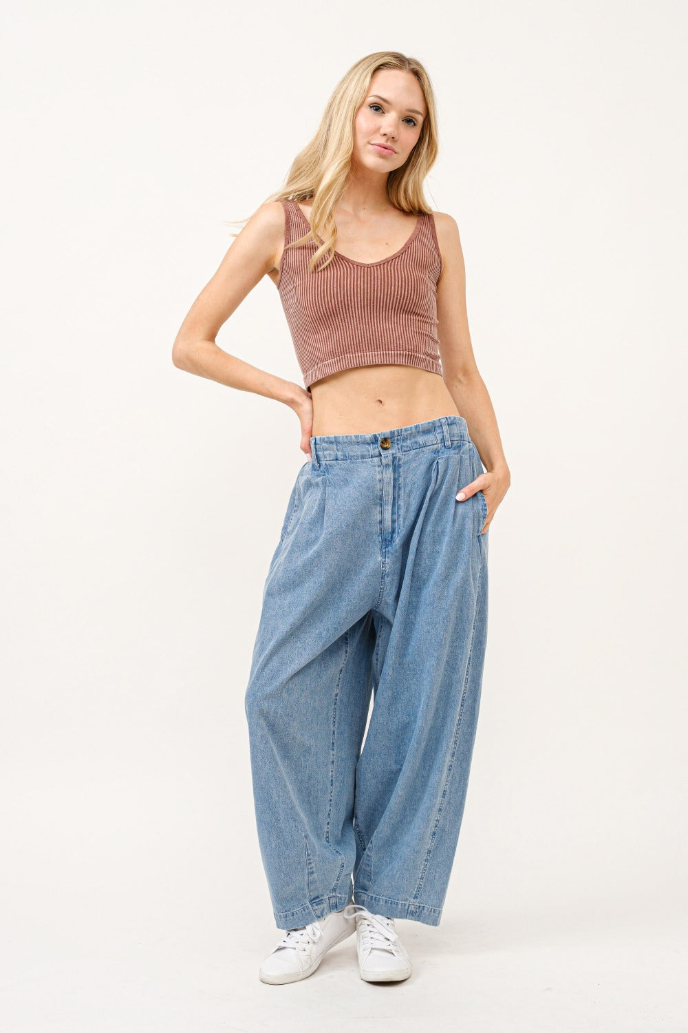 And The Why Elastic Back Pleated Baggy Jeans-[Adult]-[Female]-2022 Online Blue Zone Planet