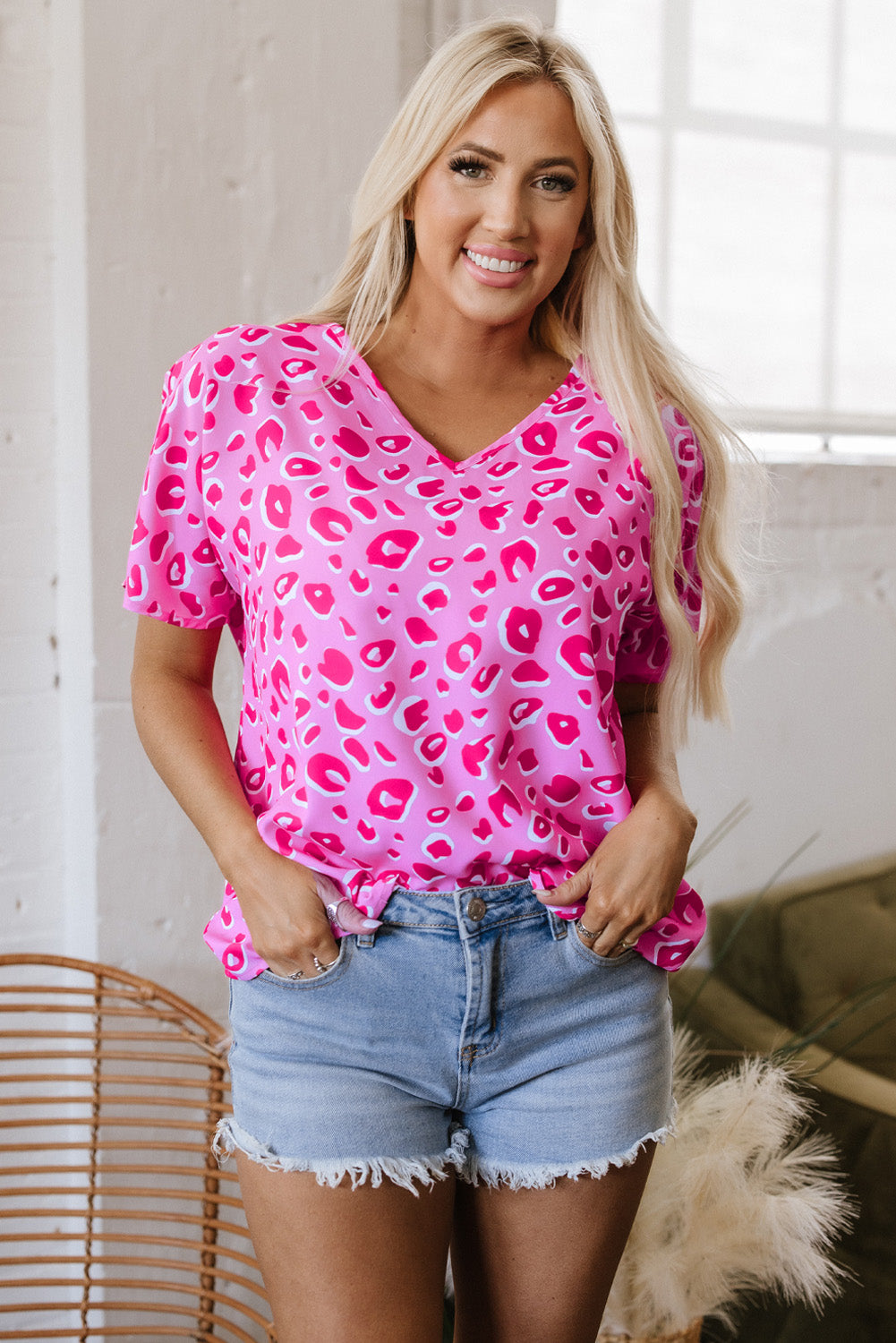 Pink Leopard V Neck Loose Short Sleeve Top-Tops/Tops & Tees-[Adult]-[Female]-2022 Online Blue Zone Planet