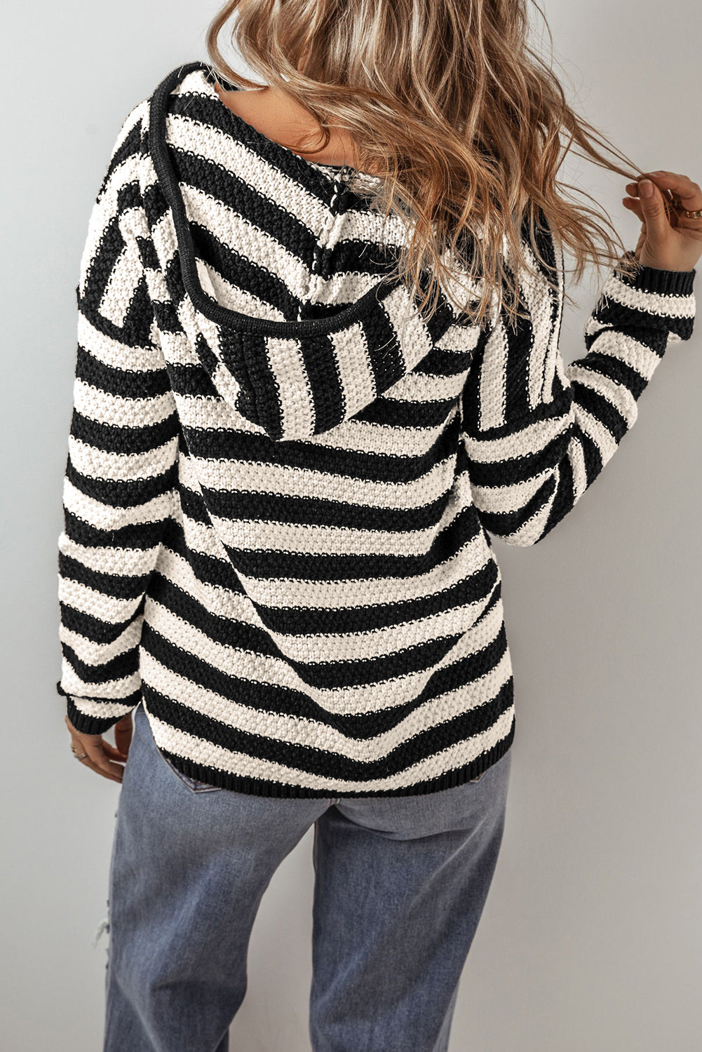 White Stripe V Neck Pocketed Drawstring Hooded Sweater-Tops / Dresses-[Adult]-[Female]-2022 Online Blue Zone Planet