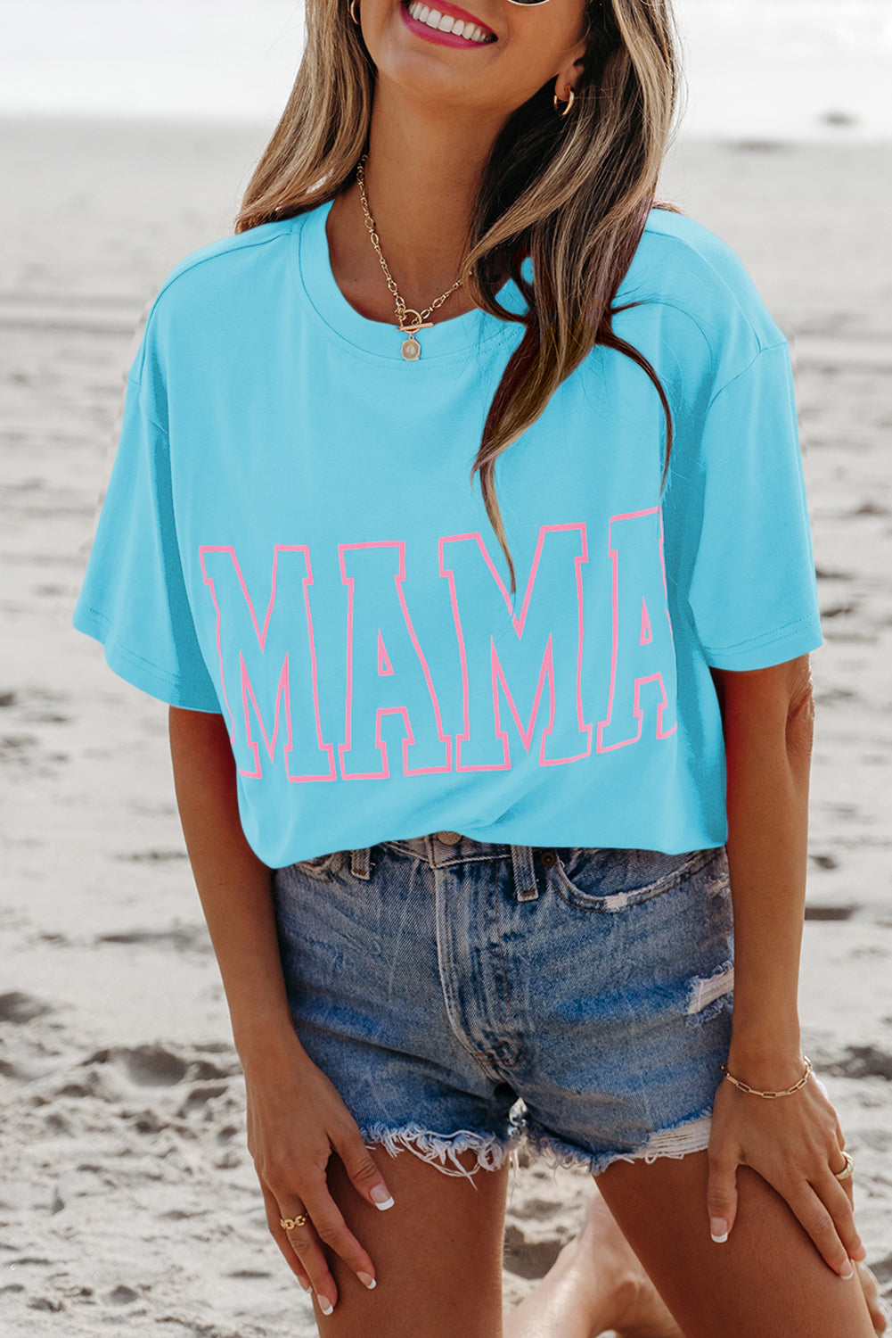Light Blue Mama Letter Graphic Neon T Shirt-Tops/Tops & Tees-[Adult]-[Female]-2022 Online Blue Zone Planet