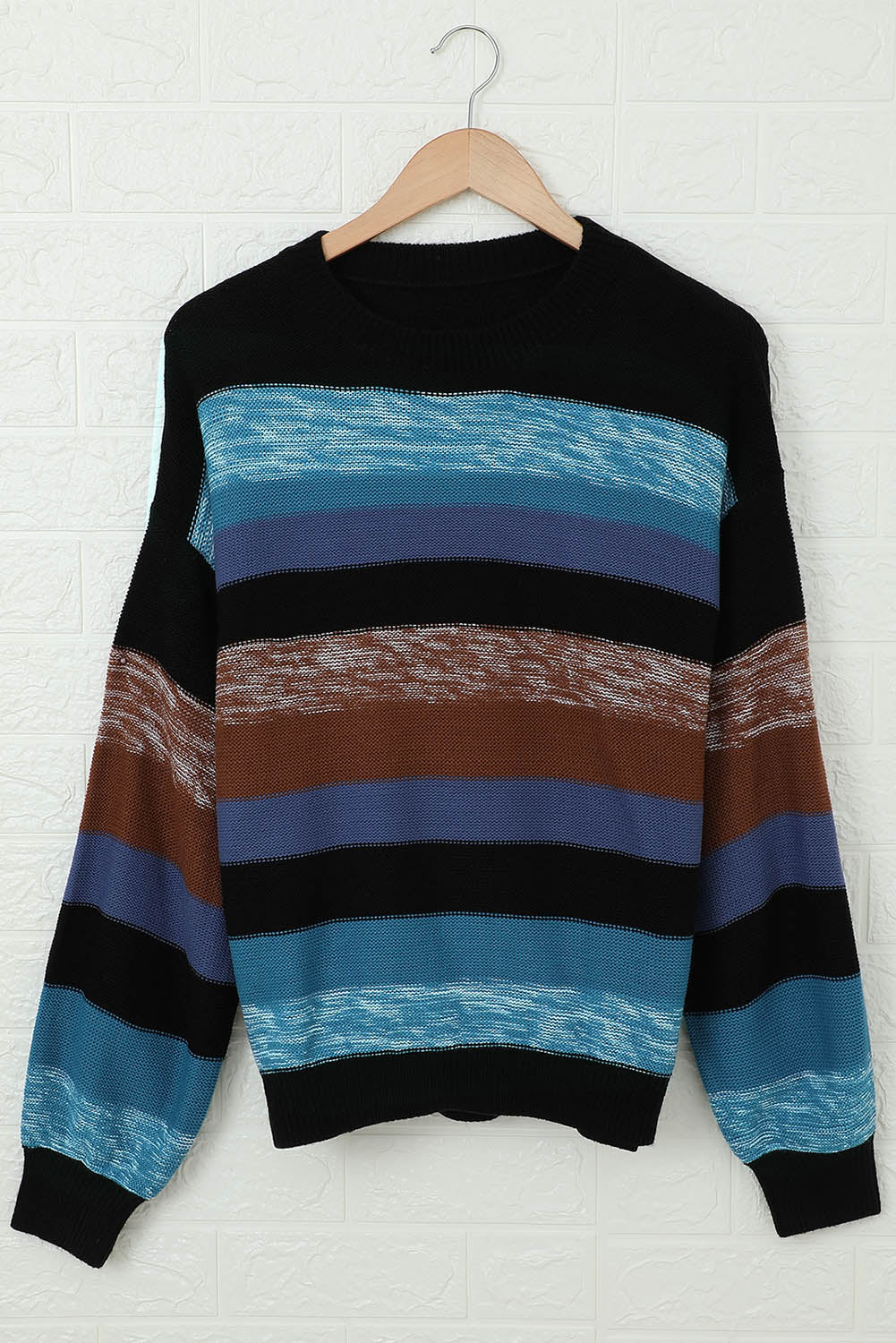 Contrast Striped Round Neck Drop Shoulder Sweater-TOPS / DRESSES-[Adult]-[Female]-2022 Online Blue Zone Planet