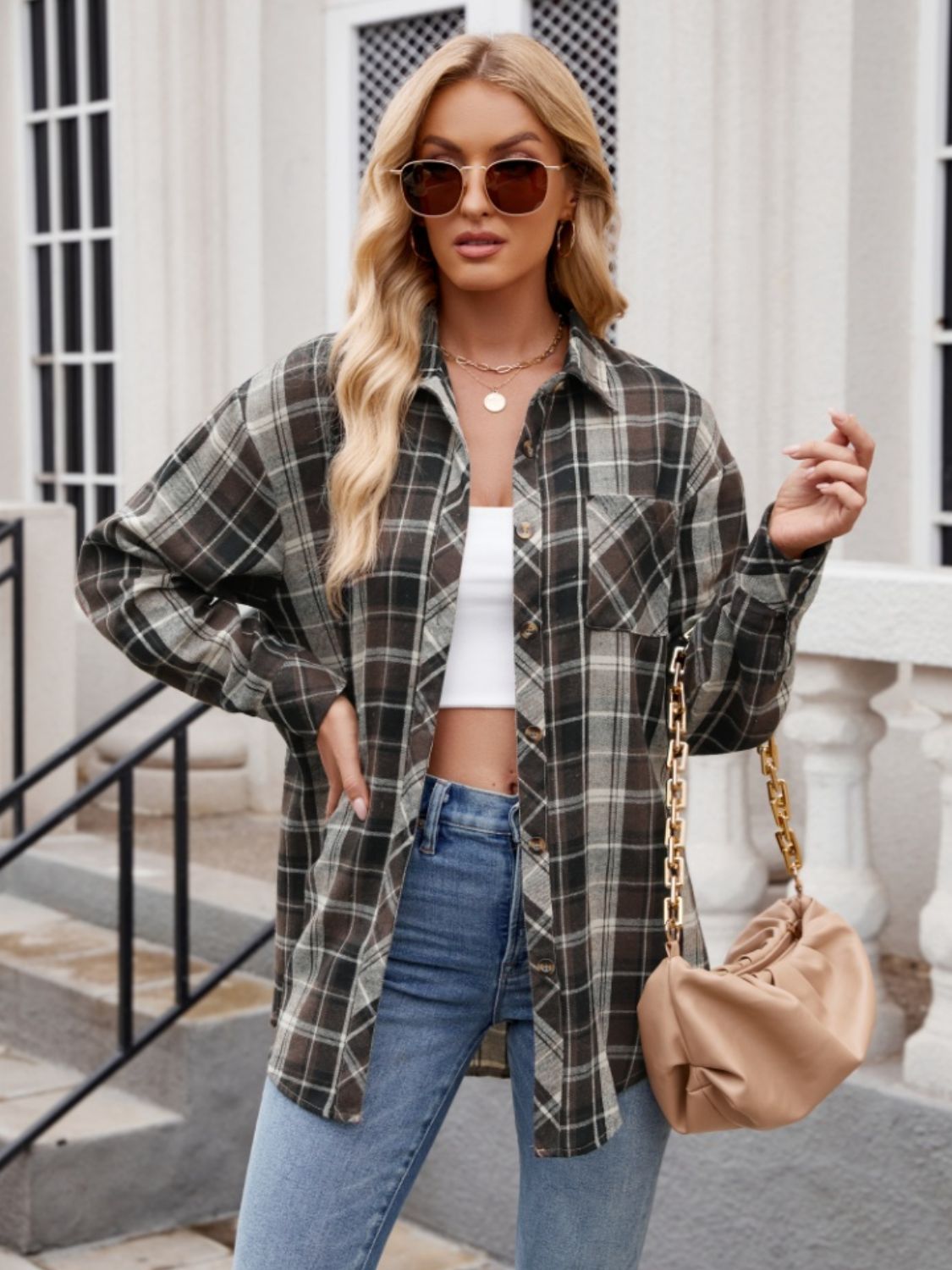 Blue Zone Planet | Pocketed Plaid Collared Neck Long Sleeve Shirt-TOPS / DRESSES-[Adult]-[Female]-2022 Online Blue Zone Planet