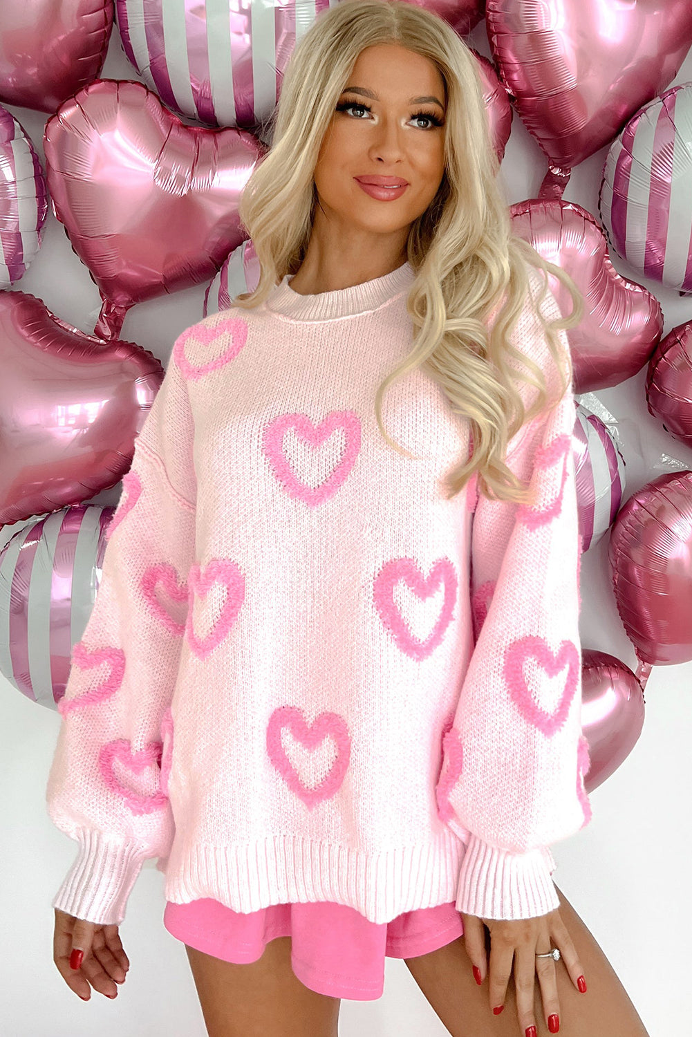 Blue Zone Planet | Pink Heart Shape Bubble Sleeve Baggy Sweater-Sweaters & Cardigans/Sweaters-[Adult]-[Female]-2022 Online Blue Zone Planet