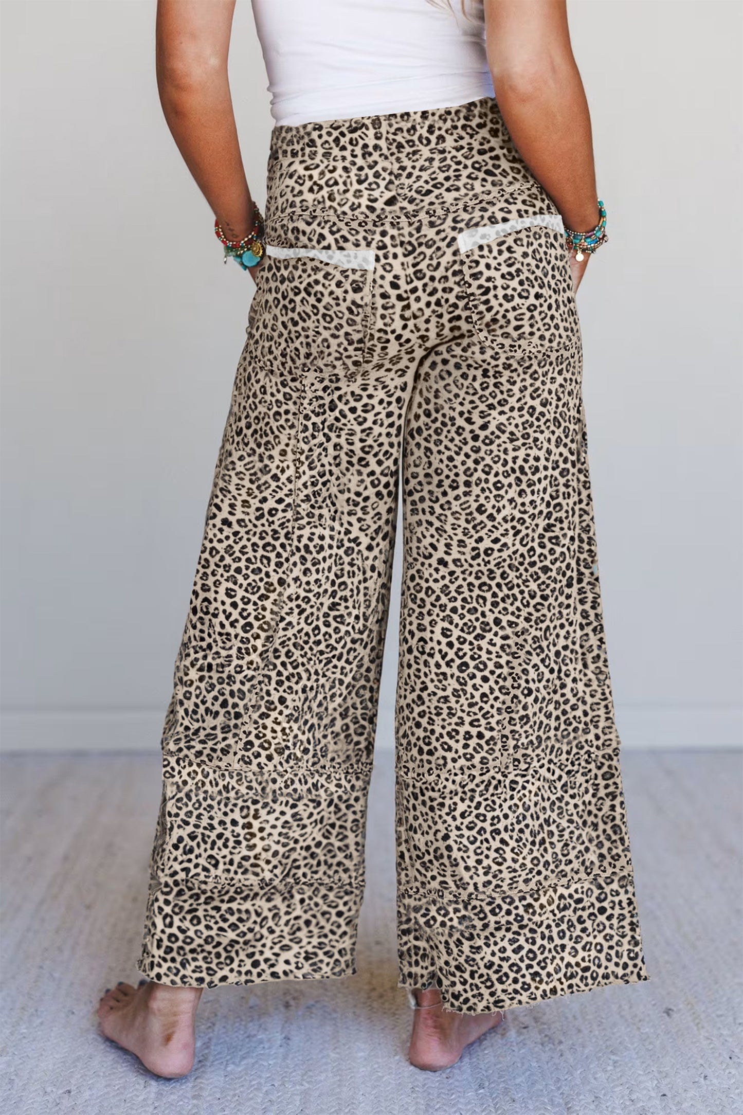 Khaki Animal Print Wide Leg Terry Knit Pants-Bottoms/Pants & Culotte-[Adult]-[Female]-2022 Online Blue Zone Planet