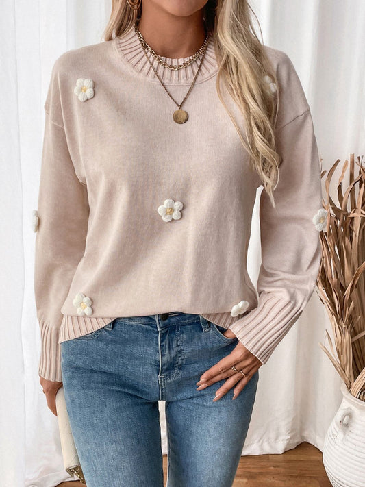 Perfee Flower Round Neck Long Sleeve Sweater-NEW ARRIVALS-[Adult]-[Female]-Dust Storm-S-2022 Online Blue Zone Planet