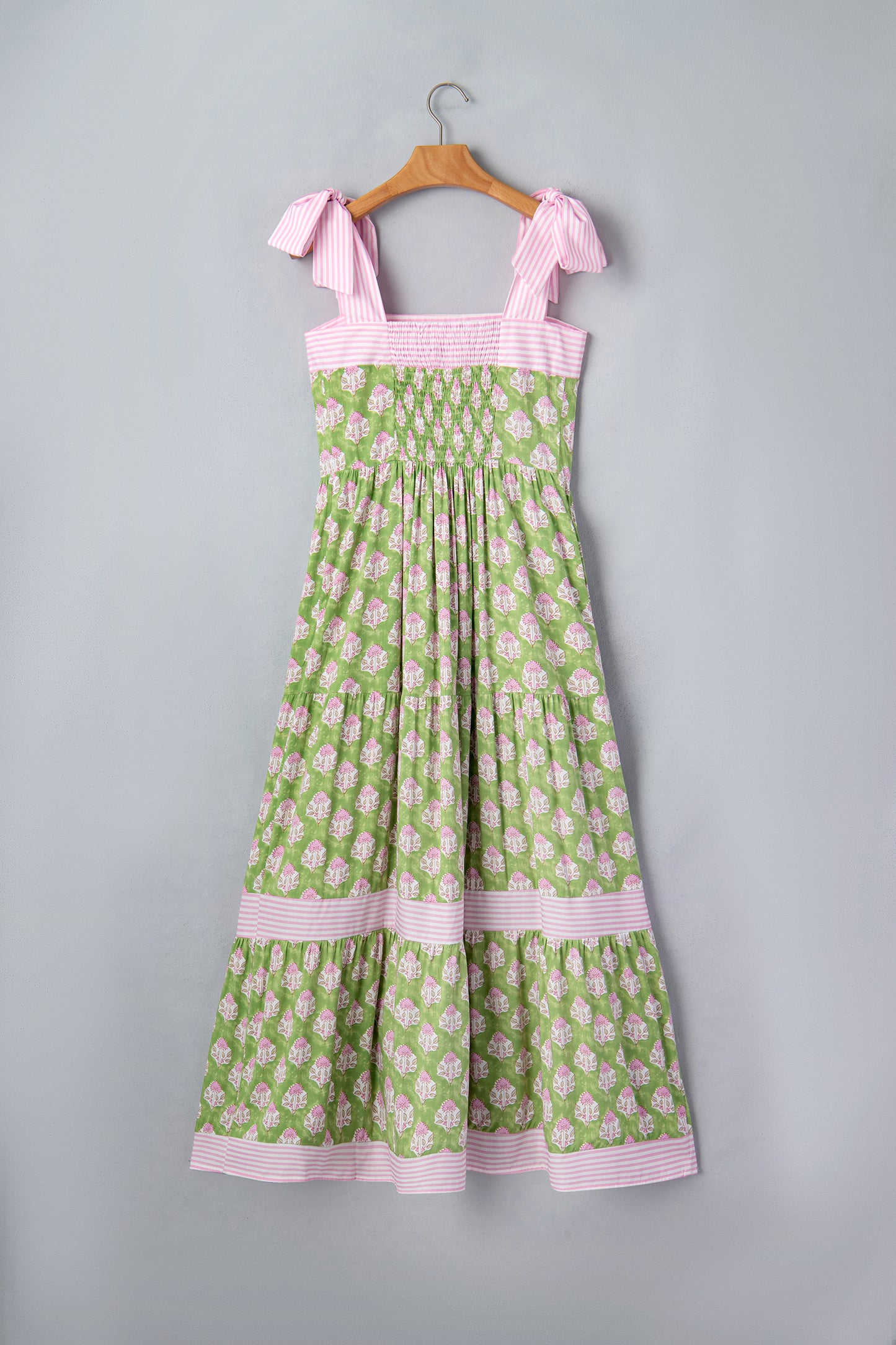Green Floral Print Striped Detail Knot Straps Maxi Dress-Dresses/Floral Dresses-[Adult]-[Female]-2022 Online Blue Zone Planet