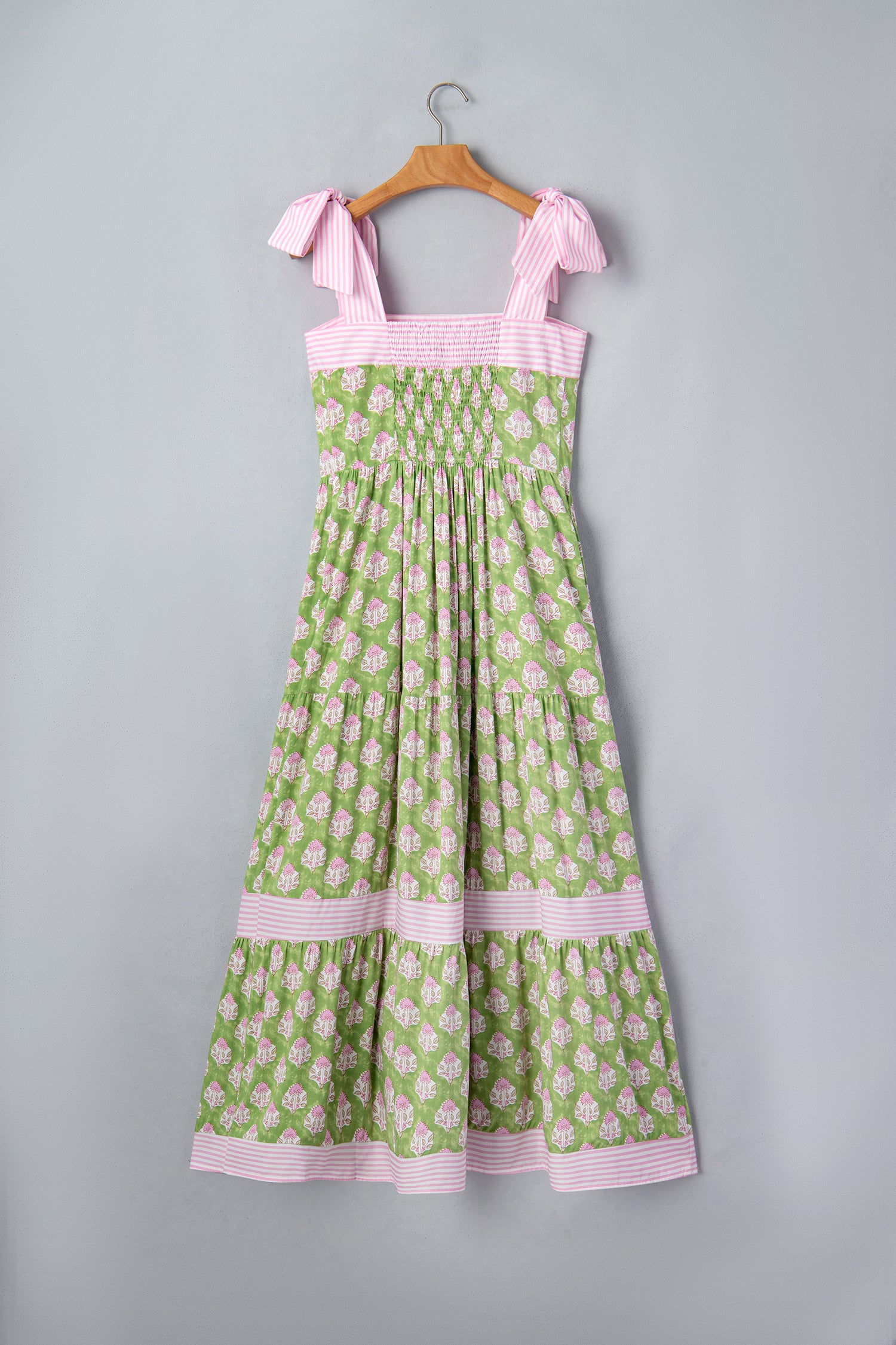 Green Floral Print Striped Detail Knot Straps Maxi Dress-Dresses/Floral Dresses-[Adult]-[Female]-2022 Online Blue Zone Planet