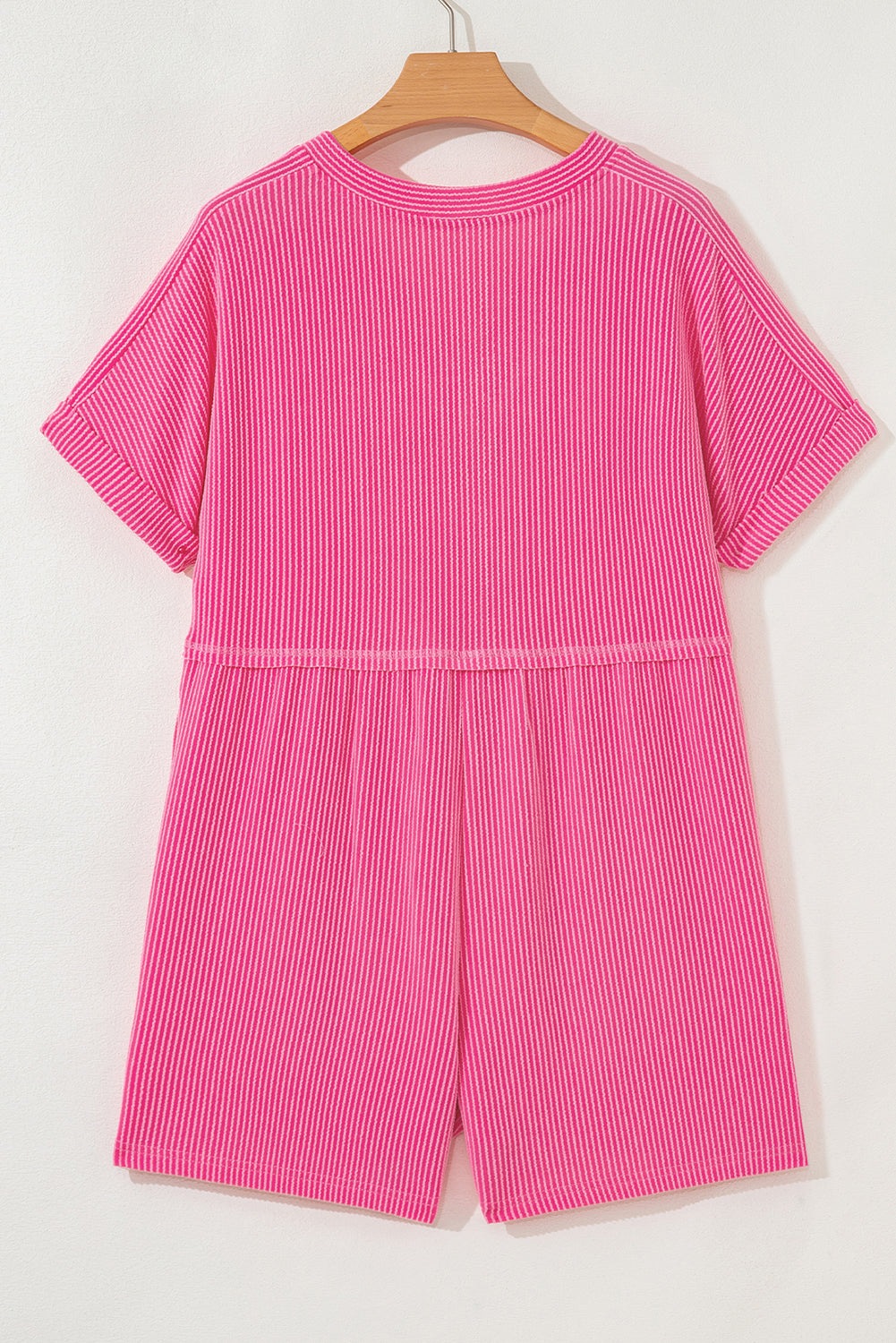 Bright Pink Spiral Ribbed Short Sleeve V Neck Buttoned Romper with Pocket-Bottoms/Jumpsuits & Rompers-[Adult]-[Female]-2022 Online Blue Zone Planet