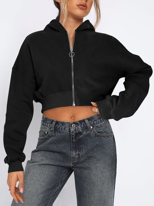 Zip Up Long Sleeve Cropped Hoodie-TOPS / DRESSES-[Adult]-[Female]-Black-S-2022 Online Blue Zone Planet