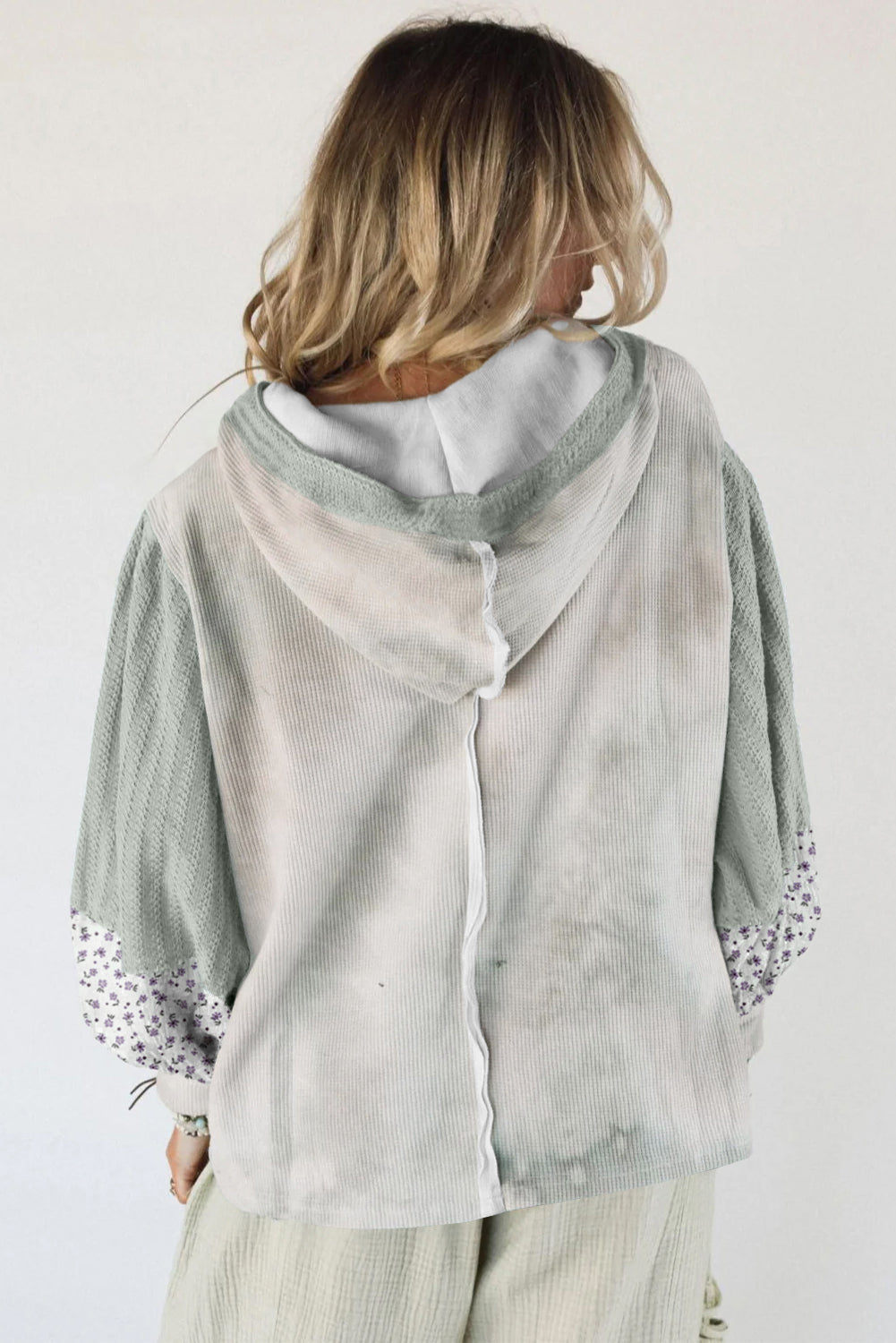 Green Floral Patched Waffle Textured Colorblock V Neck Casual Hooded Top-Tops/Long Sleeve Tops-[Adult]-[Female]-2022 Online Blue Zone Planet