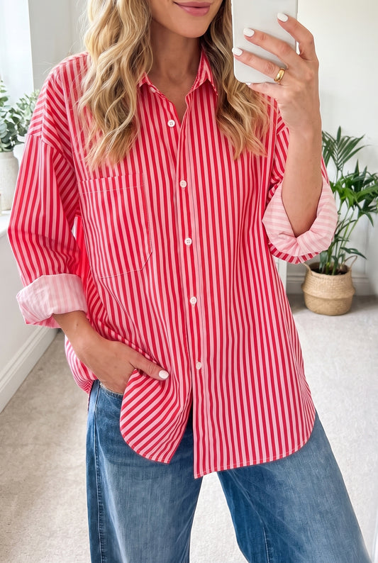 Red Stripe Button-Up Shirt Long Sleeve Patch Pocket Casual Shirt-Tops/Blouses & Shirts-[Adult]-[Female]-Red Stripe-S-2022 Online Blue Zone Planet