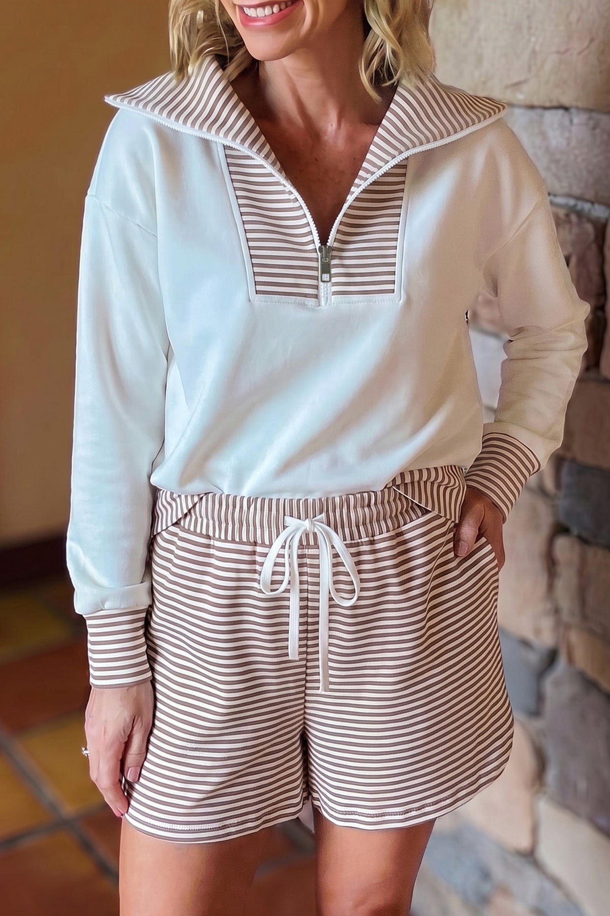 Khaki Stripe Color Block Patchwork Long Sleeve Top Drawstring Shorts Set-Two Piece Sets/Short Sets-[Adult]-[Female]-Khaki Stripe-S-2022 Online Blue Zone Planet