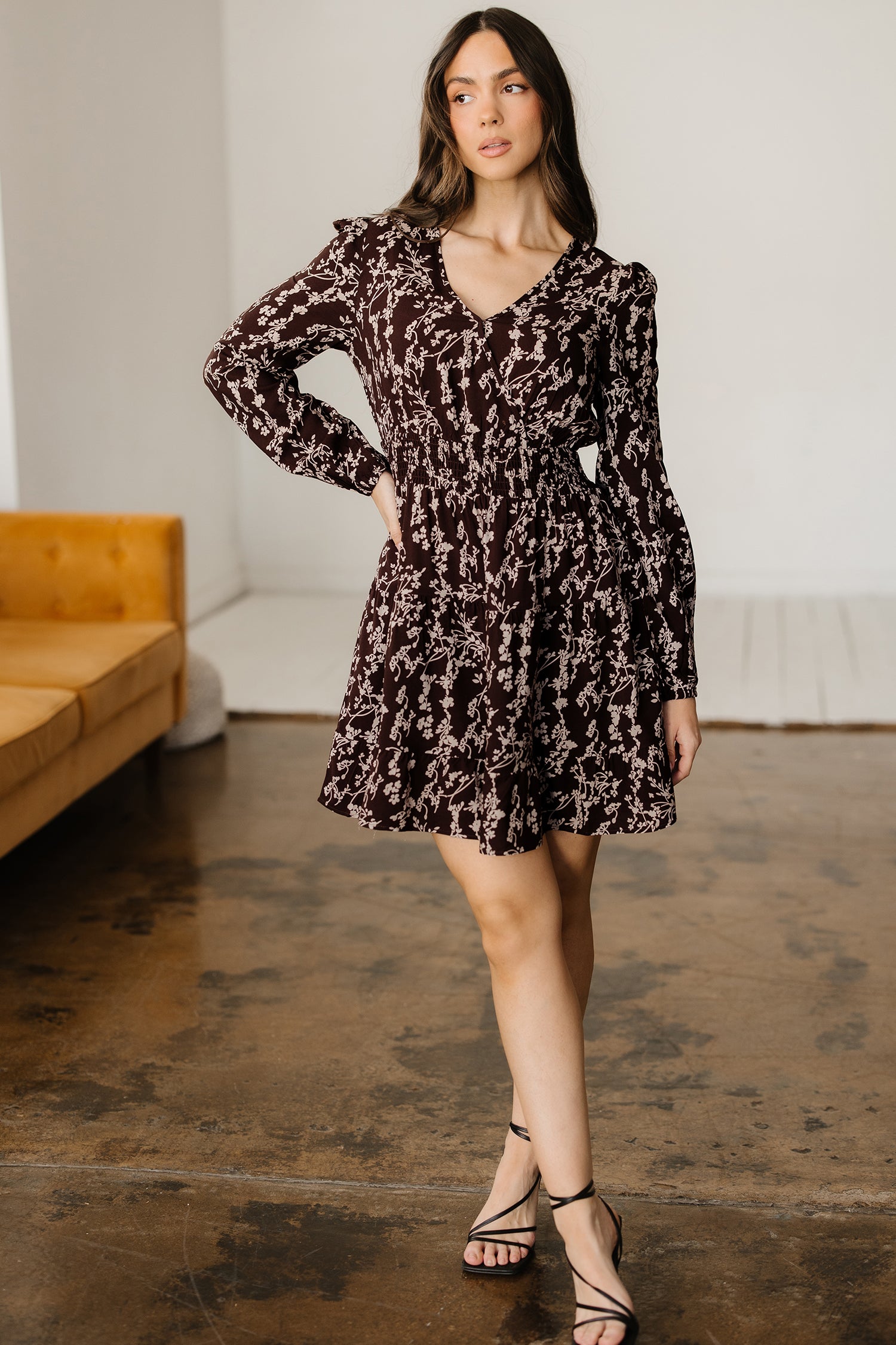 Brown Ditsy Floral Print Split Neck Long Sleeve Shirred Waist Flared Mini Dress-TOPS / DRESSES-[Adult]-[Female]-2022 Online Blue Zone Planet