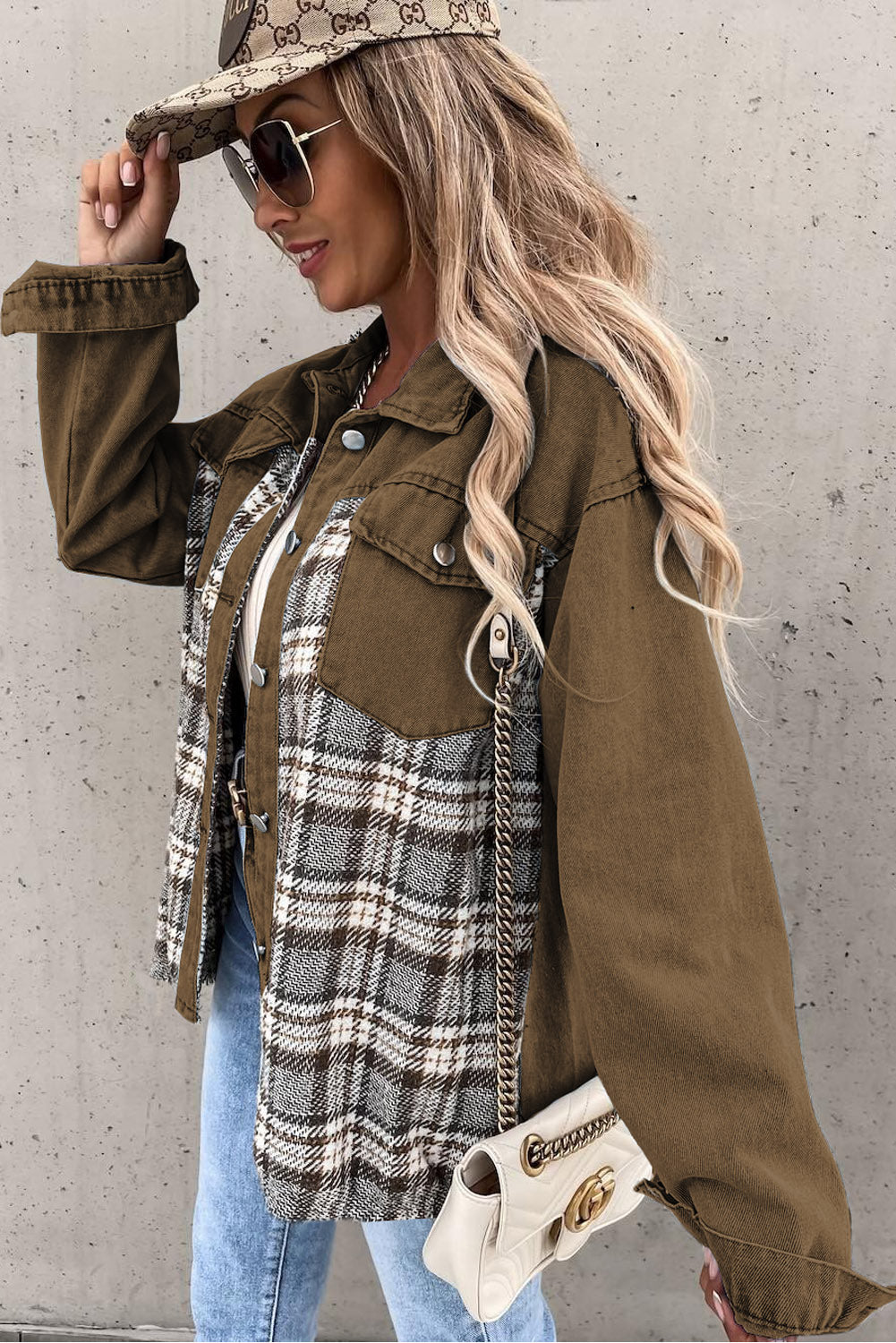 Blue Zone Planet | Sky Blue Plaid Patchwork Pockets Denim Jacket-Outerwear/Denim jackets-[Adult]-[Female]-2022 Online Blue Zone Planet