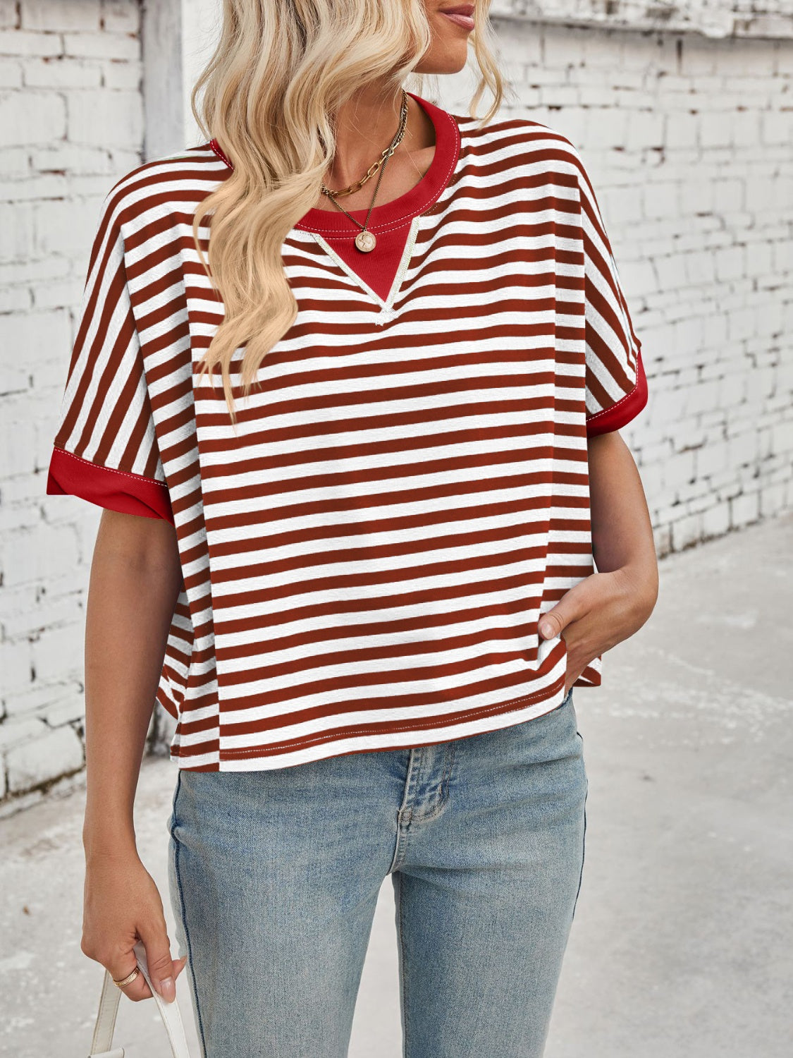 Lovelet Striped Round Neck Short Sleeve T-Shirt-TOPS / DRESSES-[Adult]-[Female]-Burgundy-S-2022 Online Blue Zone Planet