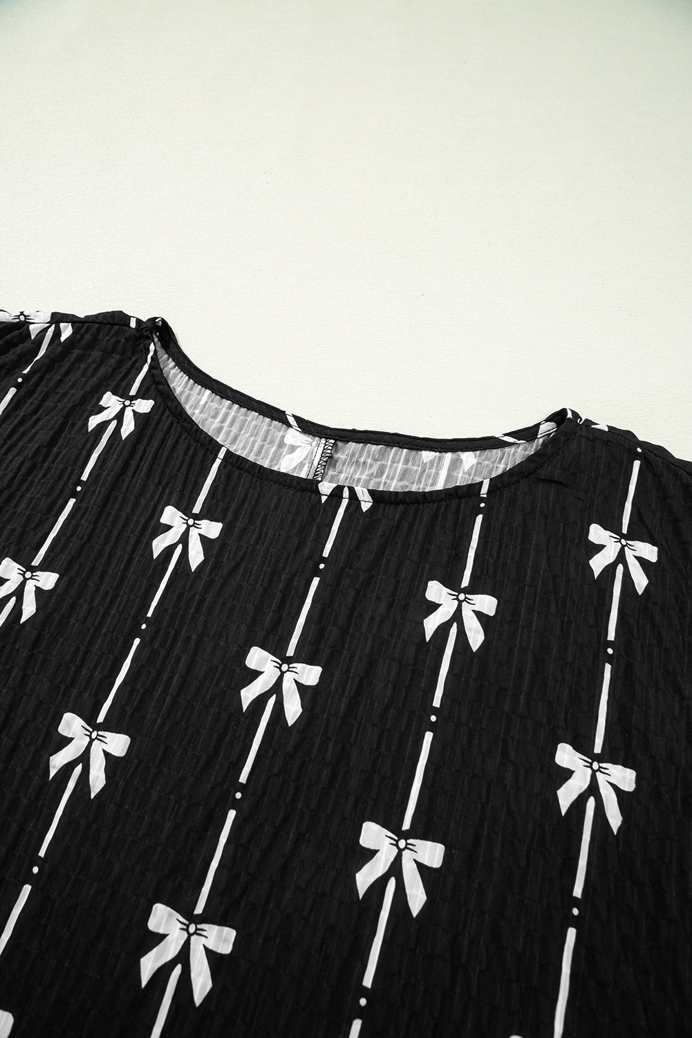 Black Bow Print Puff Short Sleeve Top-Tops/Blouses & Shirts-[Adult]-[Female]-2022 Online Blue Zone Planet