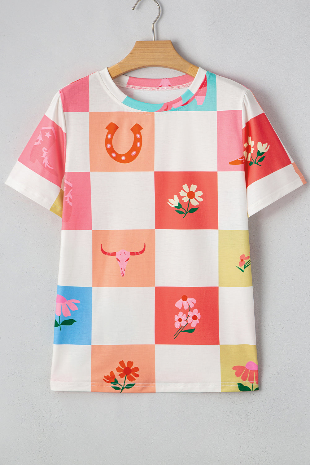 Orange Western Fashion Checker Print Crewneck T Shirt-Tops/Tops & Tees-[Adult]-[Female]-2022 Online Blue Zone Planet