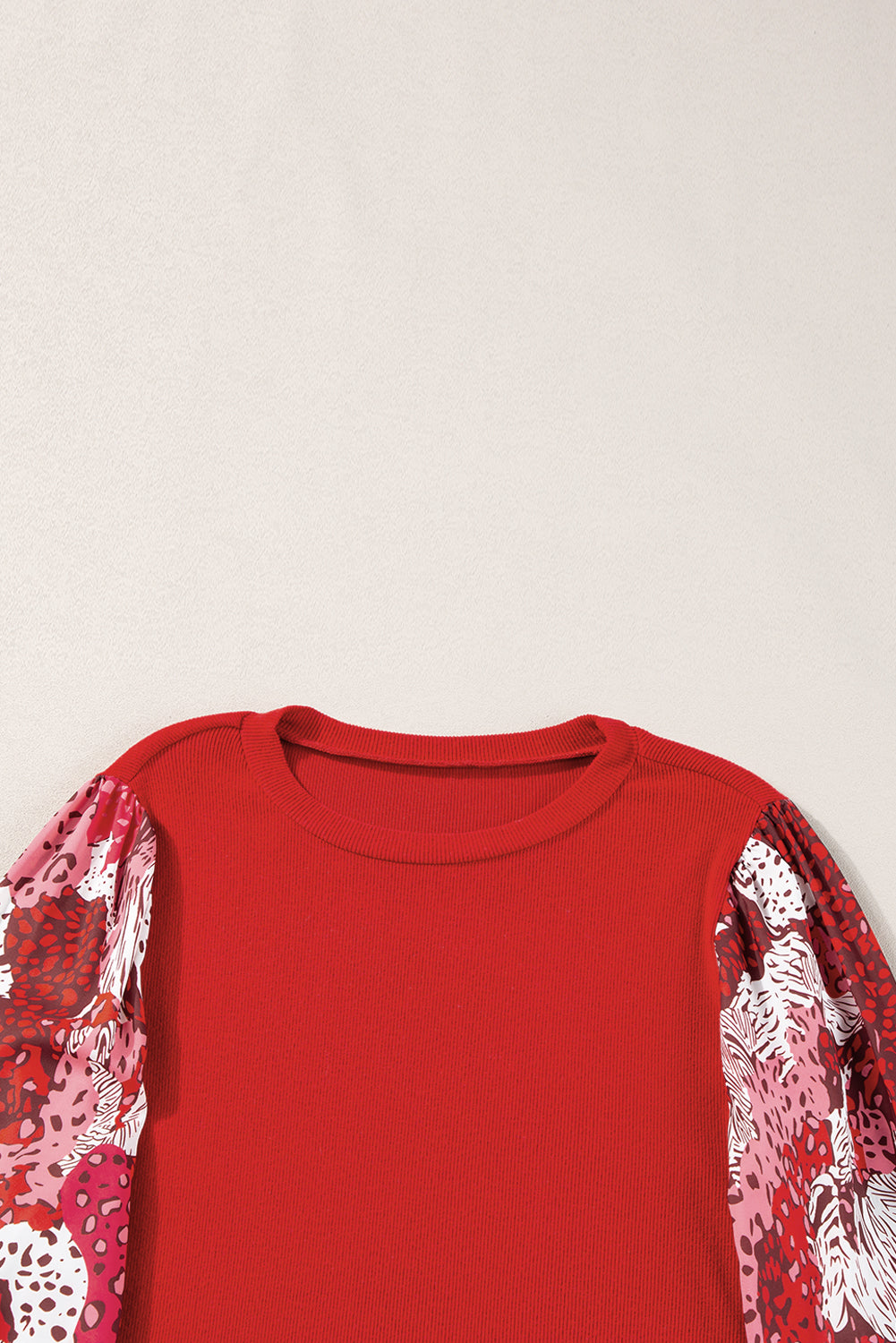 Fiery Red Contrast Mixed Animal Print Lantern Sleeve Patchwork Top-Tops/Long Sleeve Tops-[Adult]-[Female]-2022 Online Blue Zone Planet