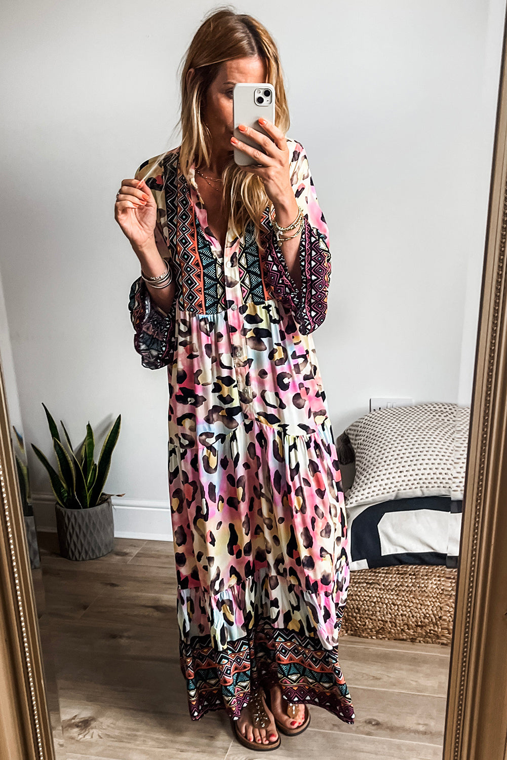 Pink Western Leopard Printed 3/4 Sleeve Buttoned Front Tiered Maxi Dress-Dresses/Maxi Dresses-[Adult]-[Female]-2022 Online Blue Zone Planet