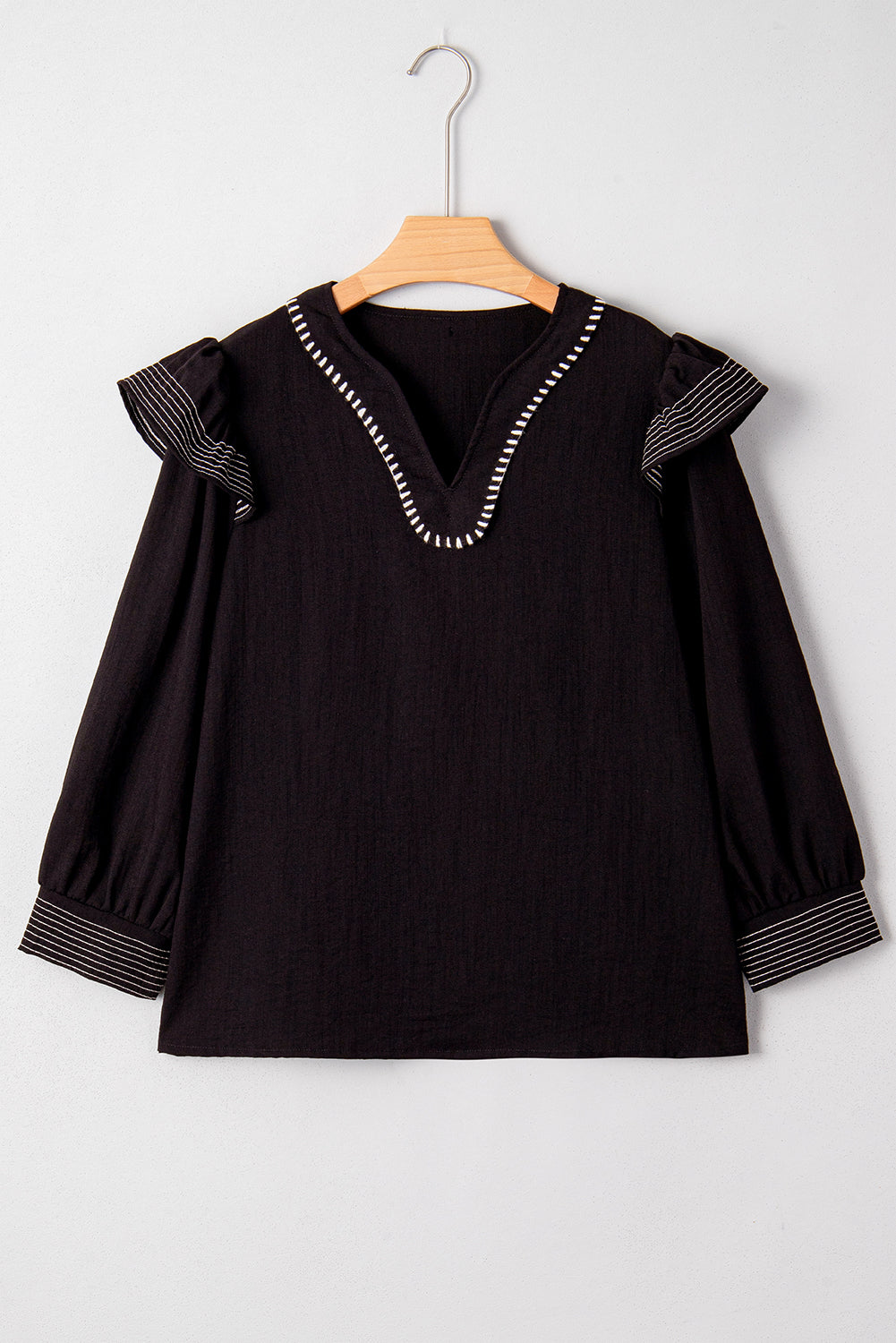 Black Contrast Stitched Detail V Neck Ruffle Long Sleeve Blouse-Tops/Blouses & Shirts-[Adult]-[Female]-2022 Online Blue Zone Planet
