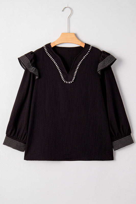 Black Contrast Stitched Detail V Neck Ruffle Long Sleeve Blouse-Tops/Blouses & Shirts-[Adult]-[Female]-2022 Online Blue Zone Planet