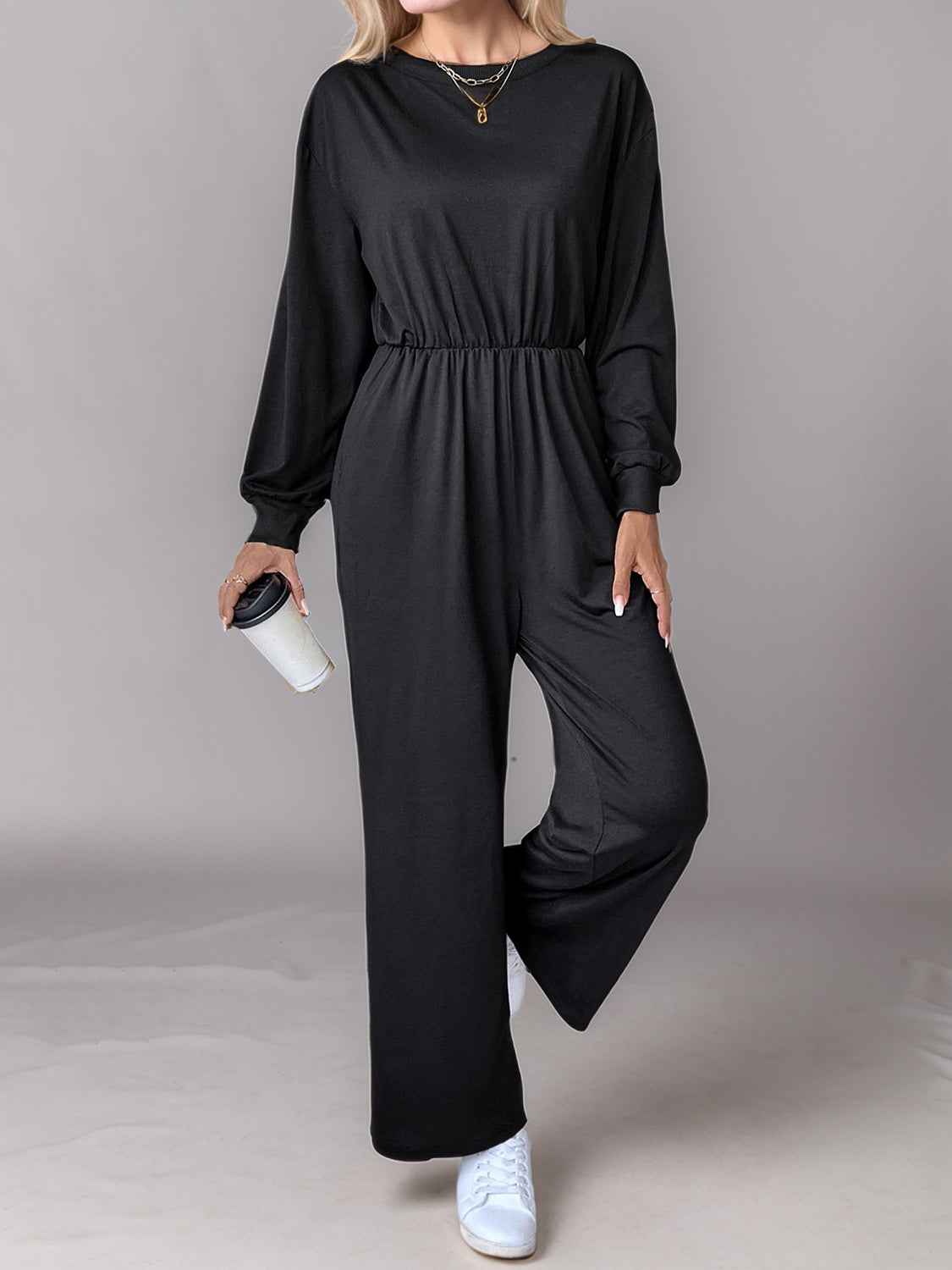 Tied Round Neck Wide Leg Jumpsuit-TOPS / DRESSES-[Adult]-[Female]-2022 Online Blue Zone Planet