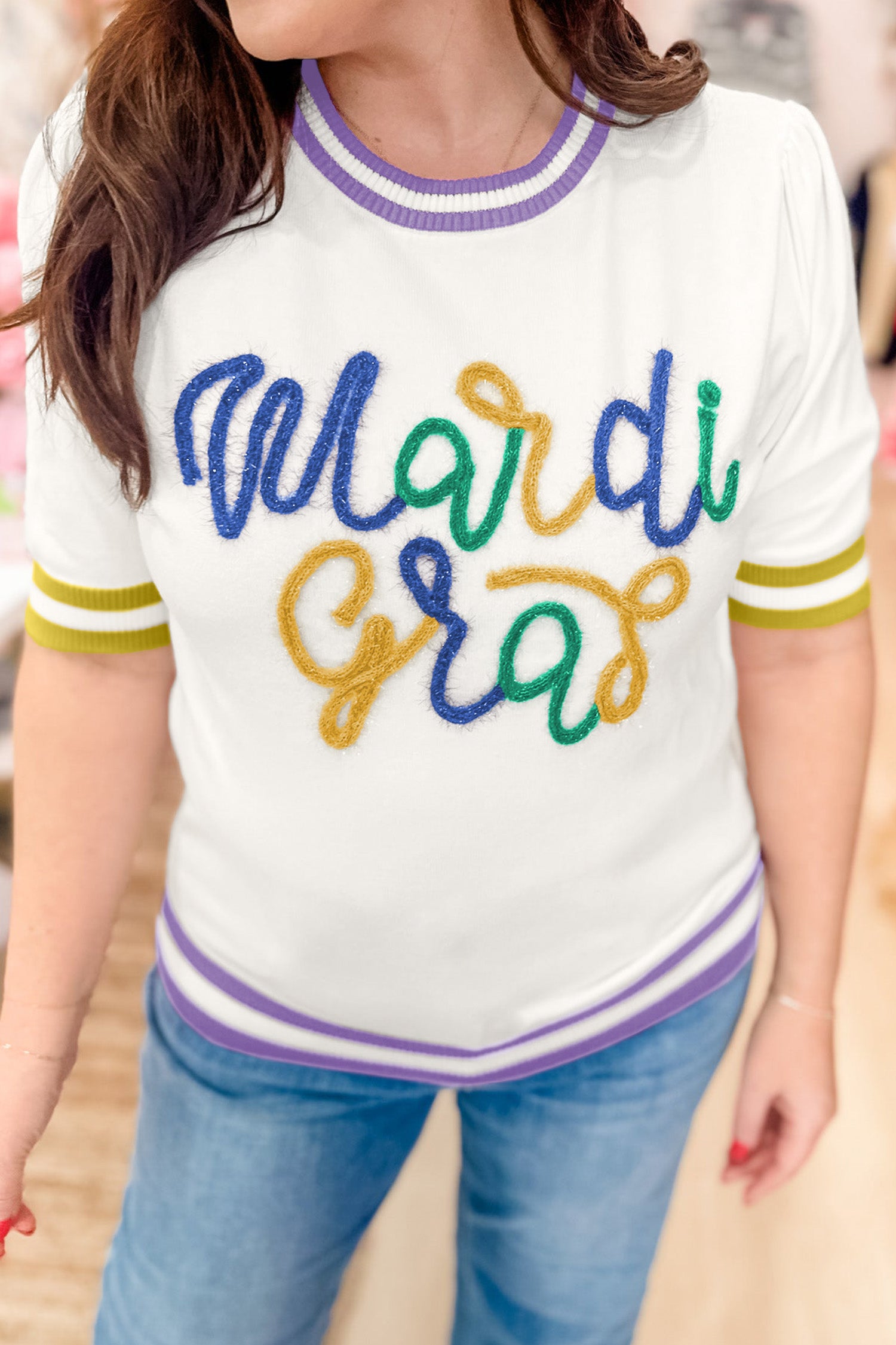 White Mardi Gras Tinsel Letter Graphic Short Sleeve Sweater-Sweaters & Cardigans/Short Sleeve Sweaters-[Adult]-[Female]-2022 Online Blue Zone Planet
