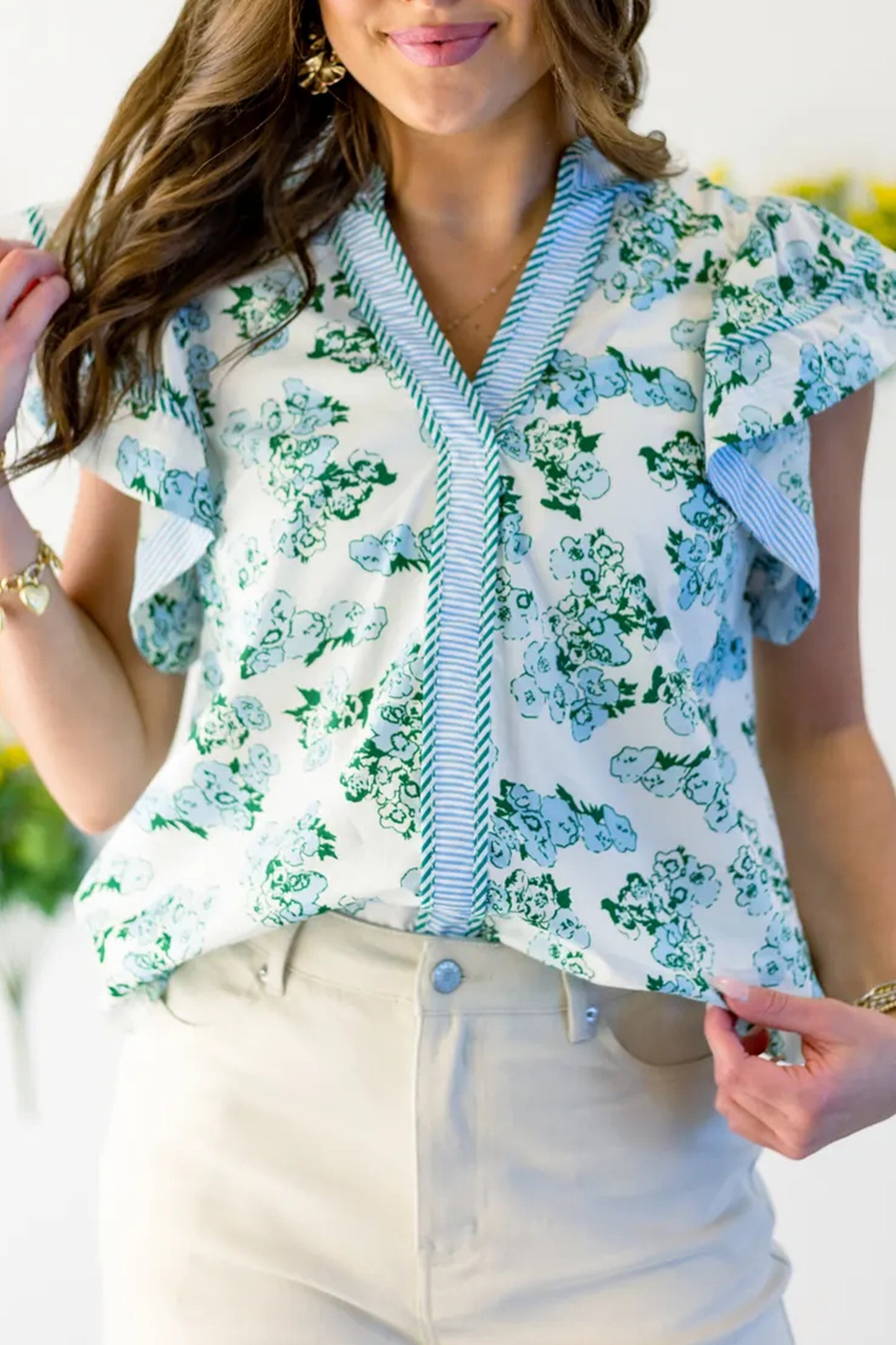 Green Floral Meets Stripes V Neck Flutter Sleeve Blouse-Tops/Blouses & Shirts-[Adult]-[Female]-Green-S-2022 Online Blue Zone Planet
