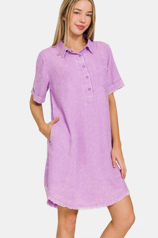 Zenana Washed Linen Raw Hem Dress with Pockets-TOPS / DRESSES-[Adult]-[Female]-BLAVENDER-S-2022 Online Blue Zone Planet