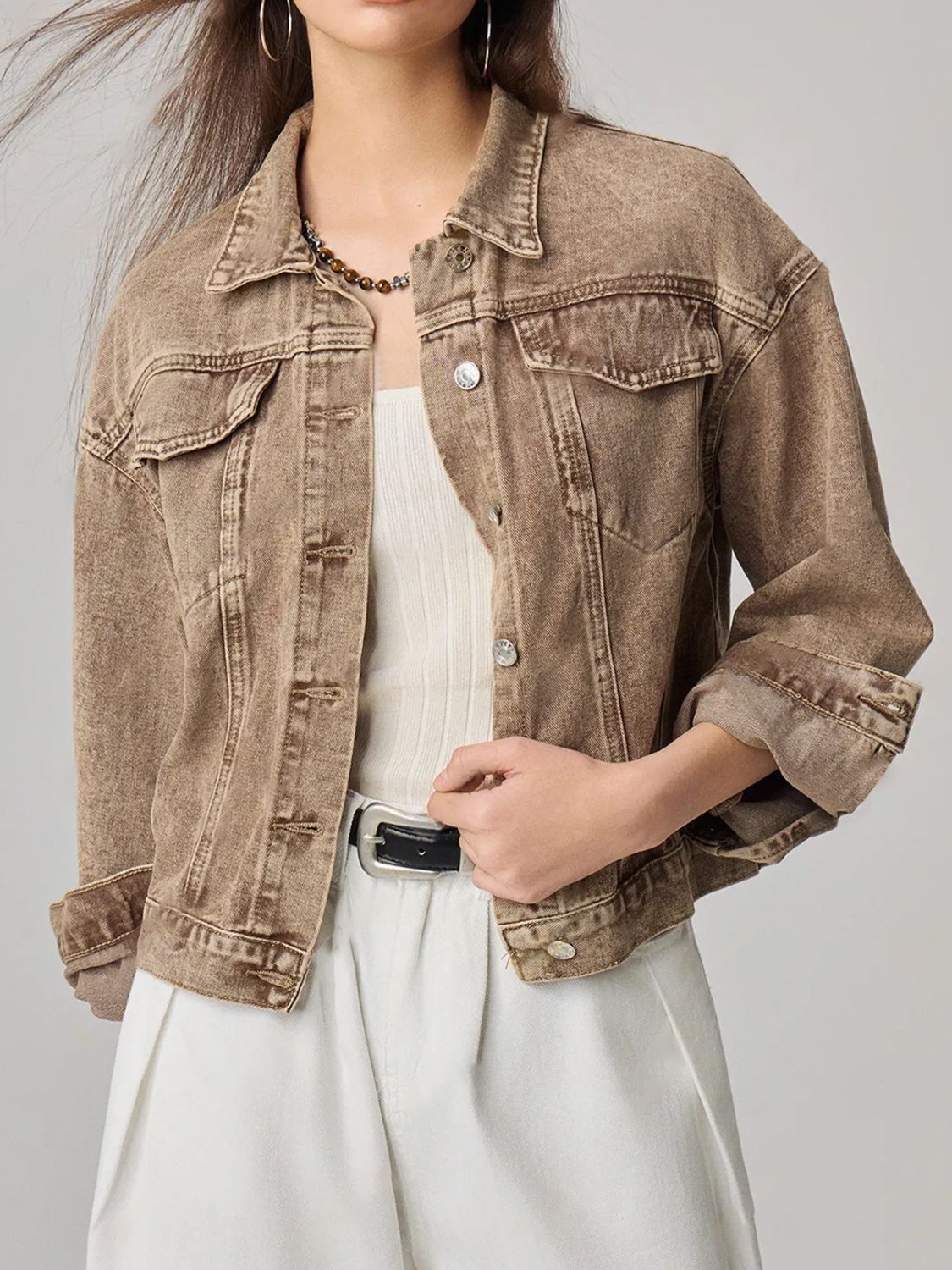 Blue Zone Planet | Pocketed Collared Neck Denim Jacket-TOPS / DRESSES-[Adult]-[Female]-Camel-XS-2022 Online Blue Zone Planet