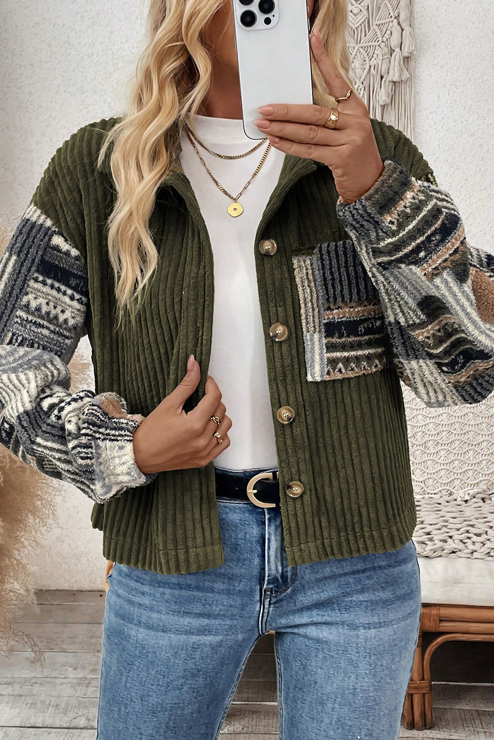Jungle Green Ribbed Fleece Plaid Print Patchwork Button Up Jacket-Outerwear/Jackets-[Adult]-[Female]-2022 Online Blue Zone Planet