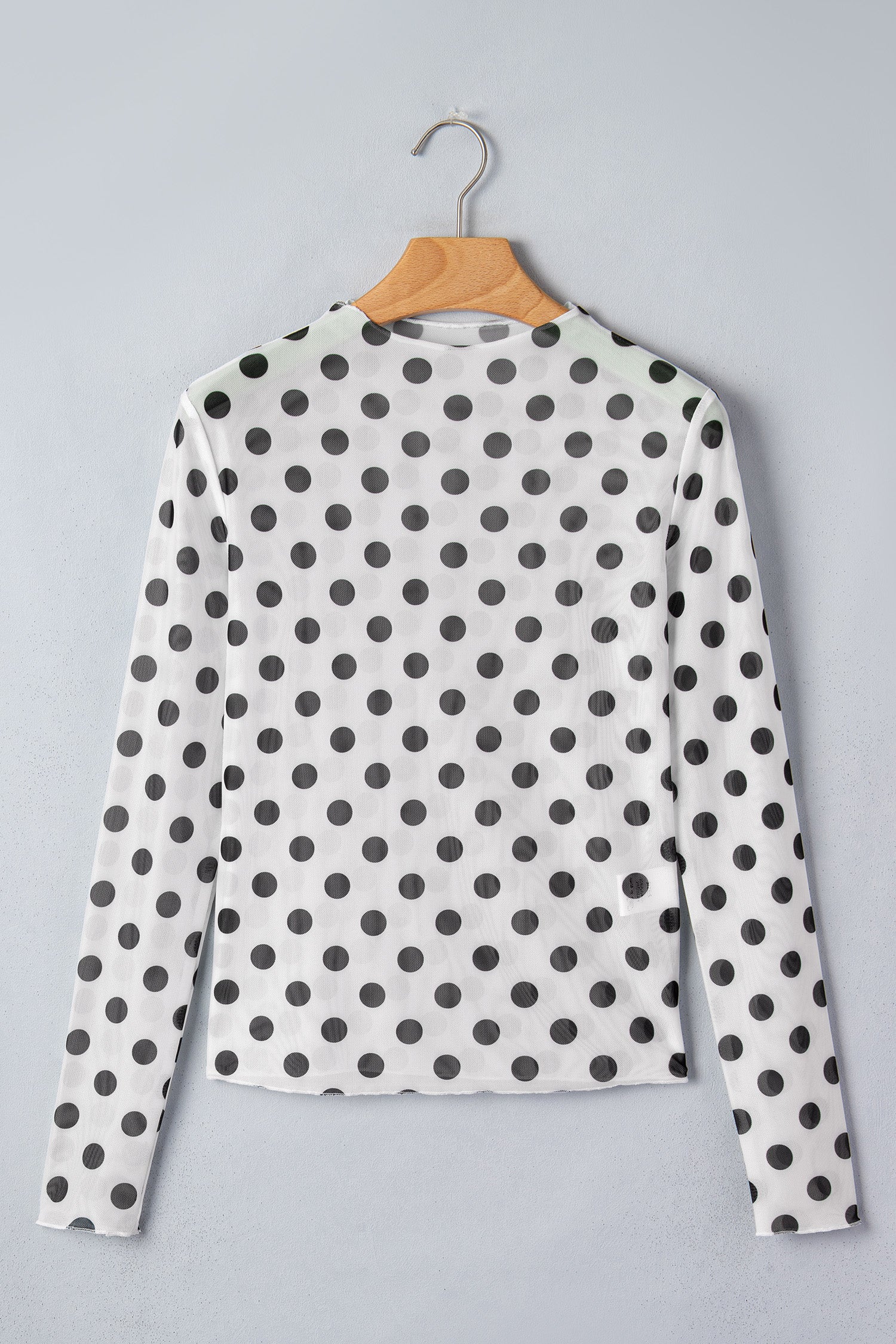 White Polka Dot Sheer Long Sleeve Round Neck Slim Top-Tops/Long Sleeve Tops-[Adult]-[Female]-2022 Online Blue Zone Planet