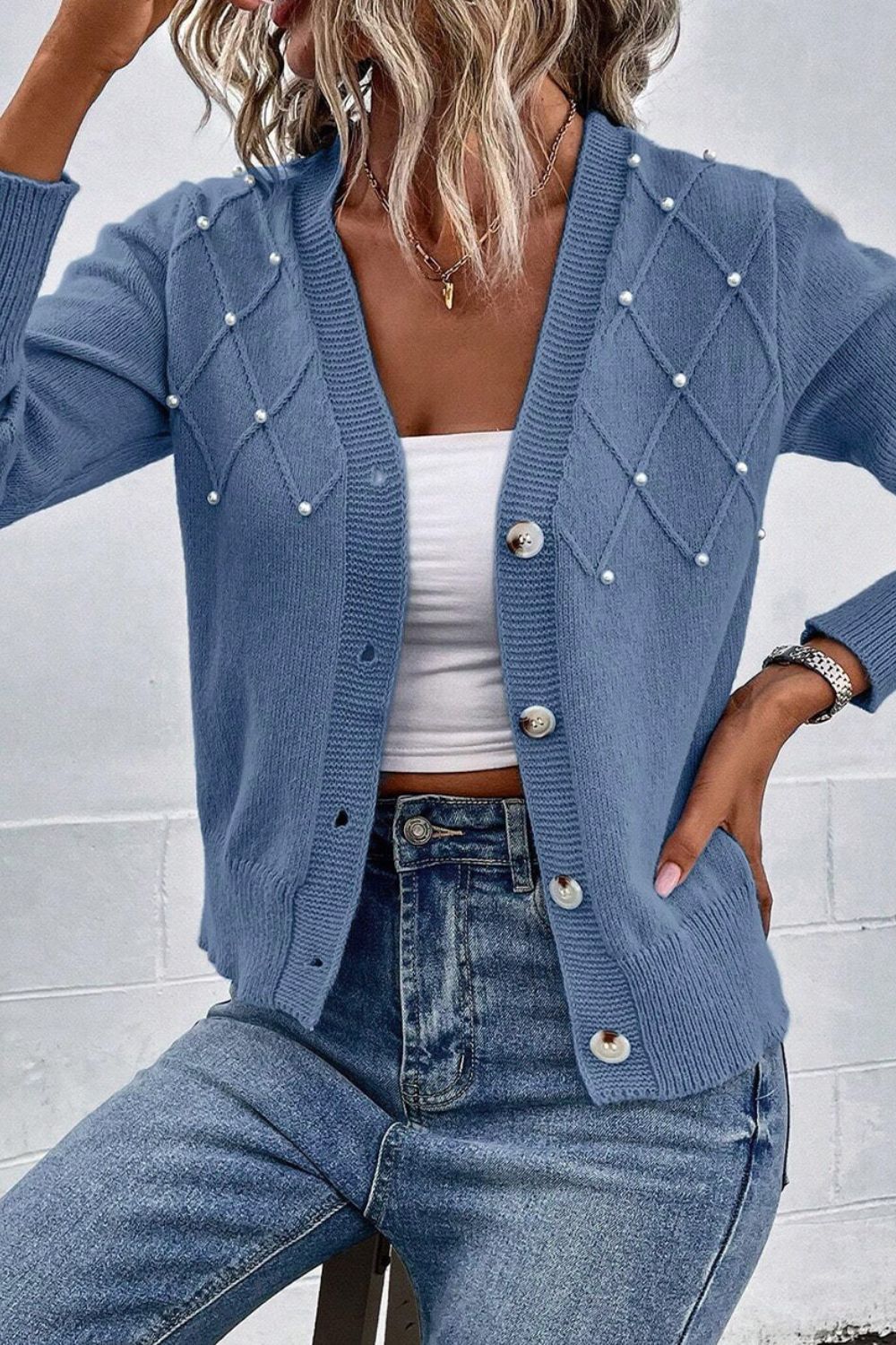 Beaded V-Neck Button Up Long Sleeve Cardigan-TOPS / DRESSES-[Adult]-[Female]-2022 Online Blue Zone Planet