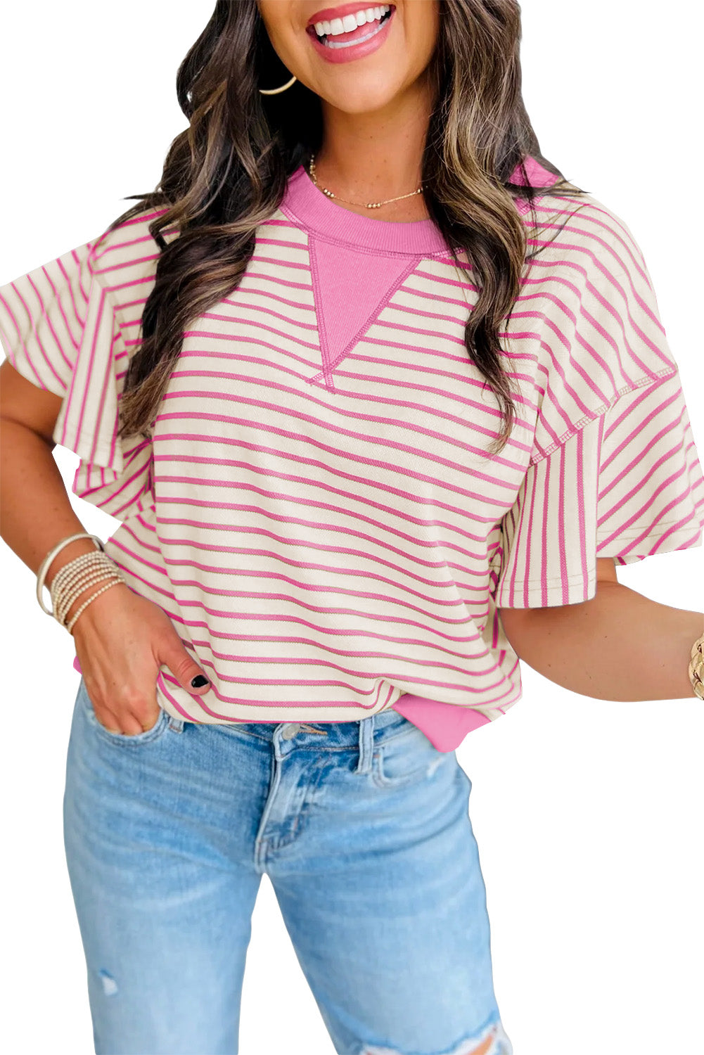 Sachet Pink Contrast Detail Striped Ruffle Short Sleeve Top-Tops/Tops & Tees-[Adult]-[Female]-2022 Online Blue Zone Planet
