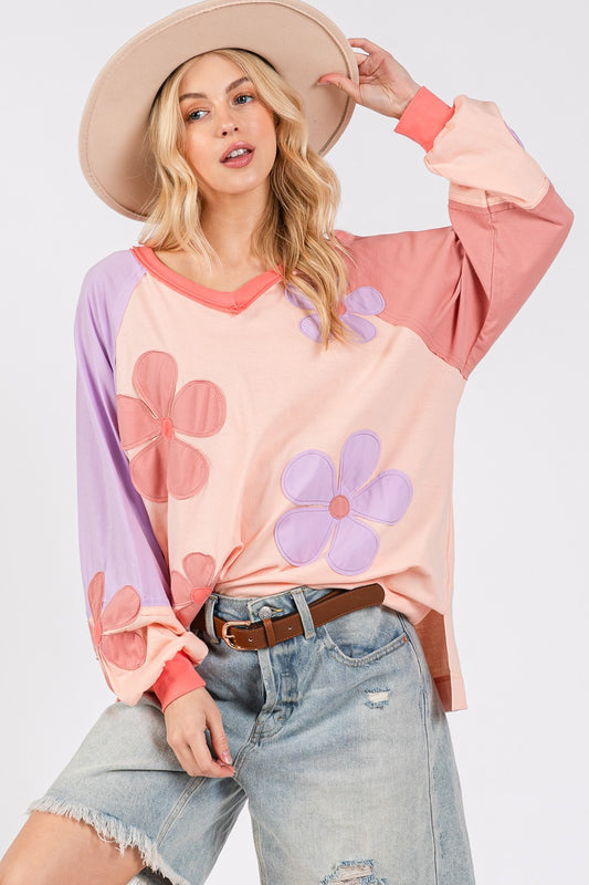 SAGE + FIG Full Size Daisy Applique Patch Color Block Long Sleeve Top-TOPS / DRESSES-[Adult]-[Female]-Blush-S-2022 Online Blue Zone Planet