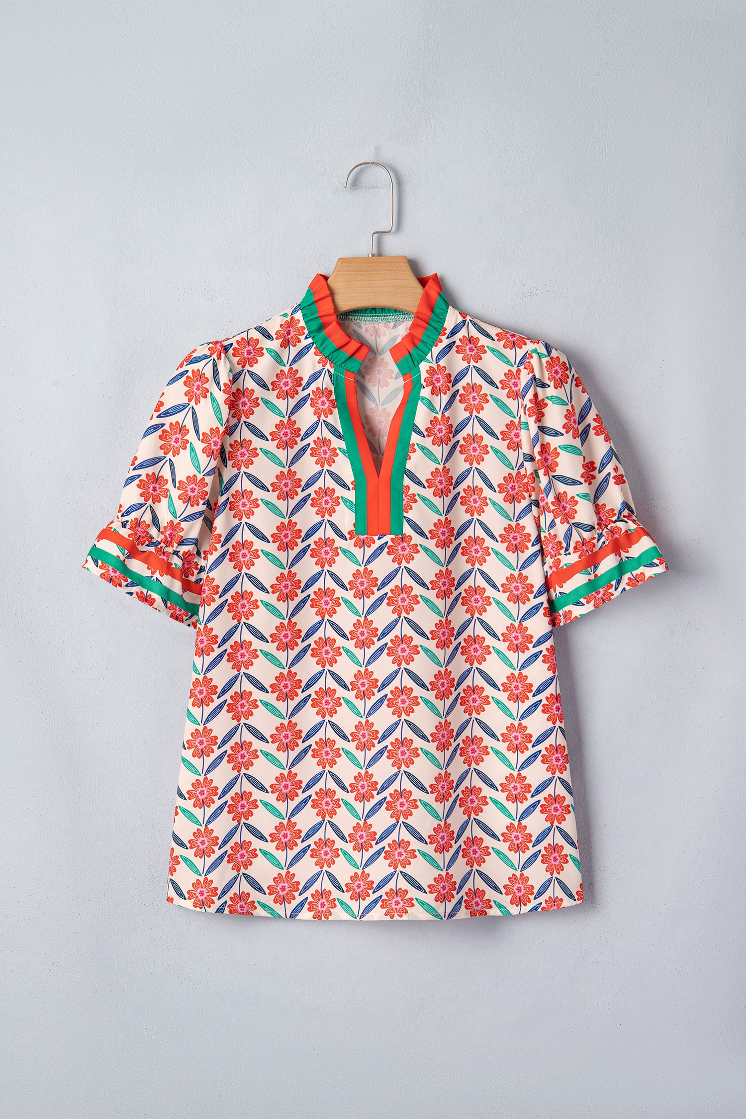 Red Floral Print Striped Detail V Neck Ruffled Short Sleeve Blouse-Tops/Blouses & Shirts-[Adult]-[Female]-2022 Online Blue Zone Planet