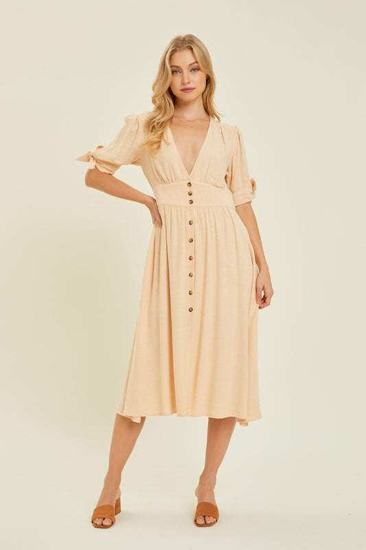 HEYSON Full Size Textured Linen V-Neck Button-Down Midi Dress-TOPS / DRESSES-[Adult]-[Female]-Cream-S-2022 Online Blue Zone Planet