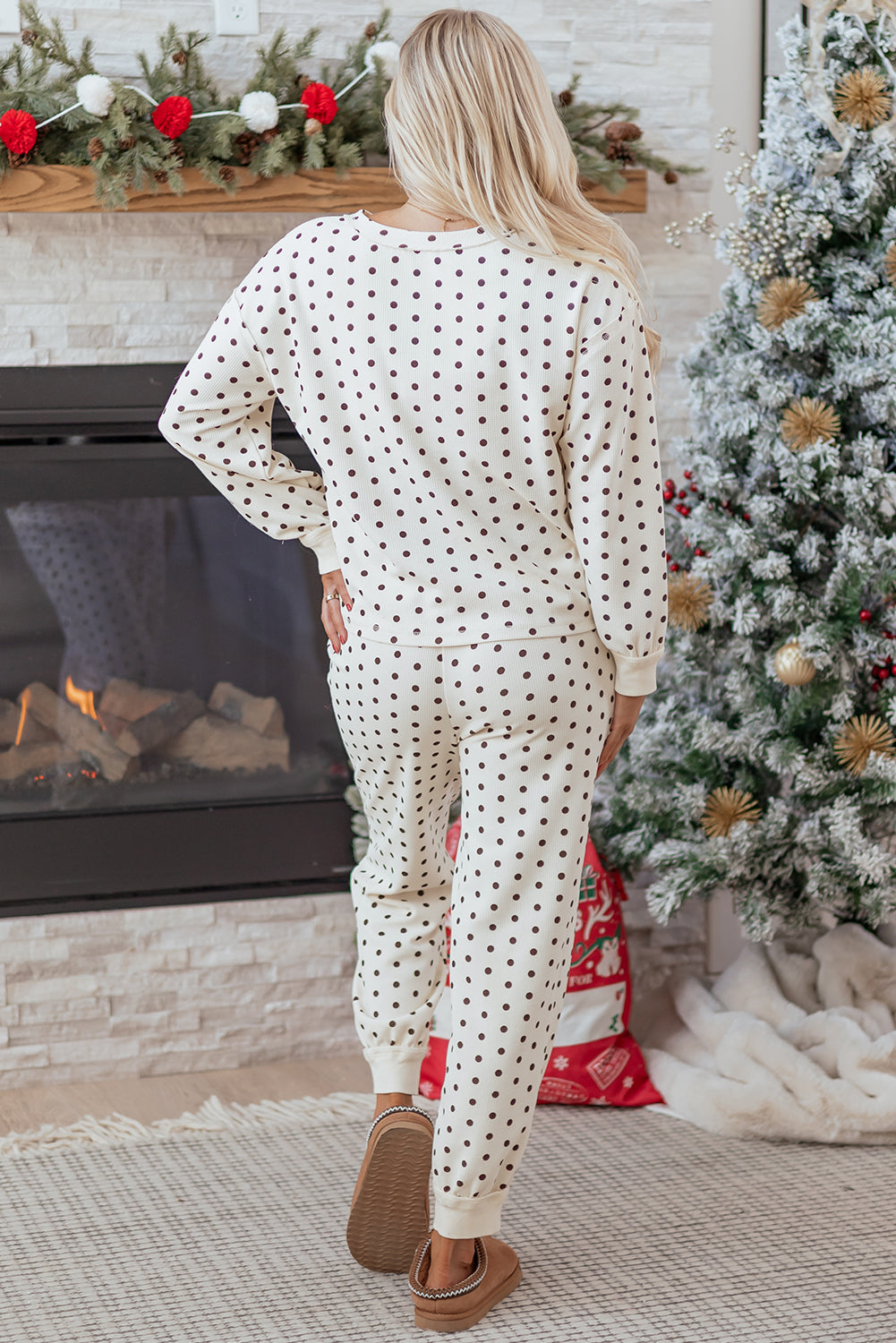 White Polka Dot Print Notched Neck Long Sleeve Top Drawstring Jogger Pants Waffle Knit Lounge Set-Loungewear & Sleepwear/Loungewear-[Adult]-[Female]-2022 Online Blue Zone Planet