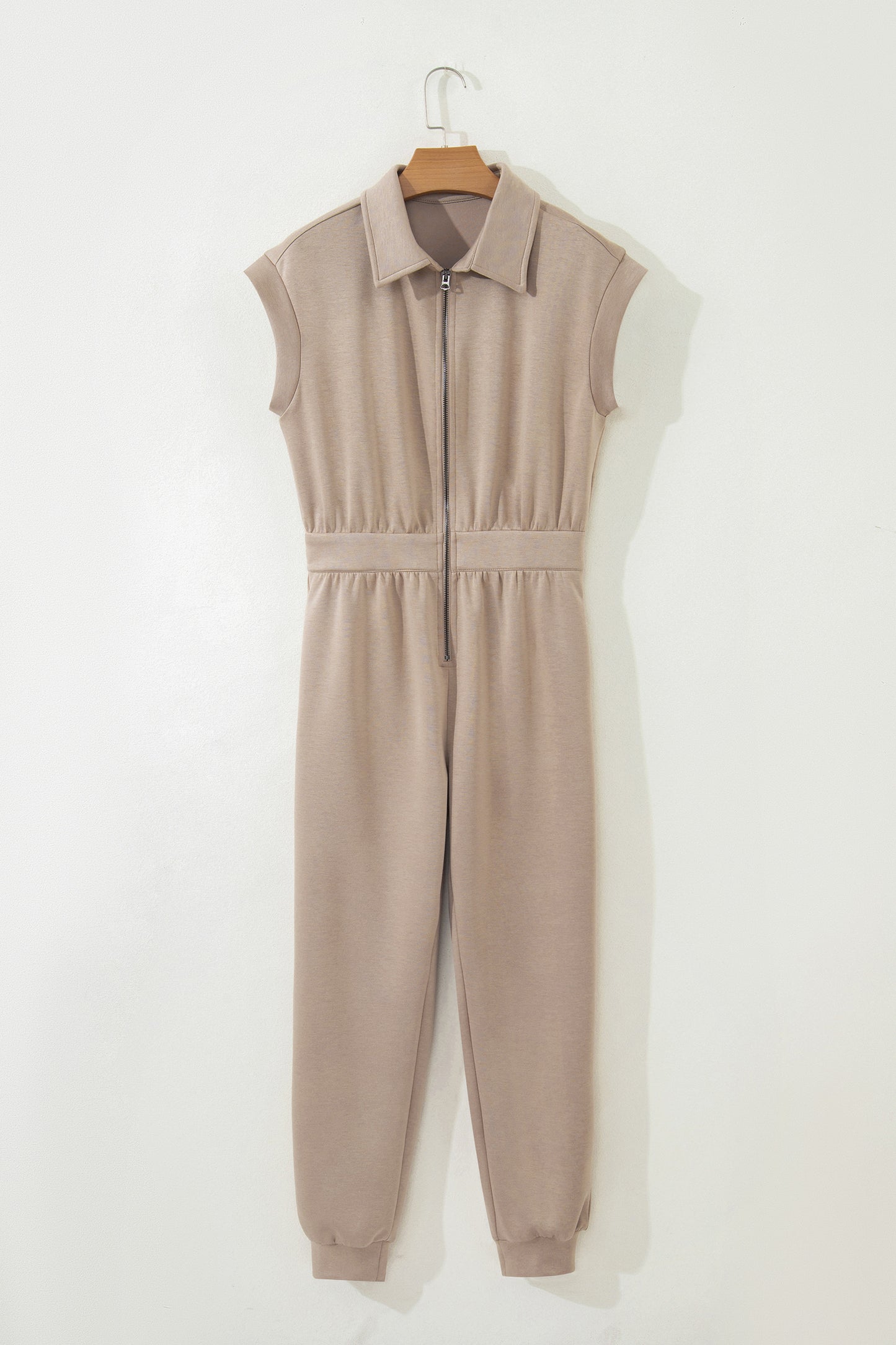 Dark Khaki Solid Color Zip Front Short Sleeve Collared Jumpsuit-Bottoms/Jumpsuits & Rompers-[Adult]-[Female]-2022 Online Blue Zone Planet