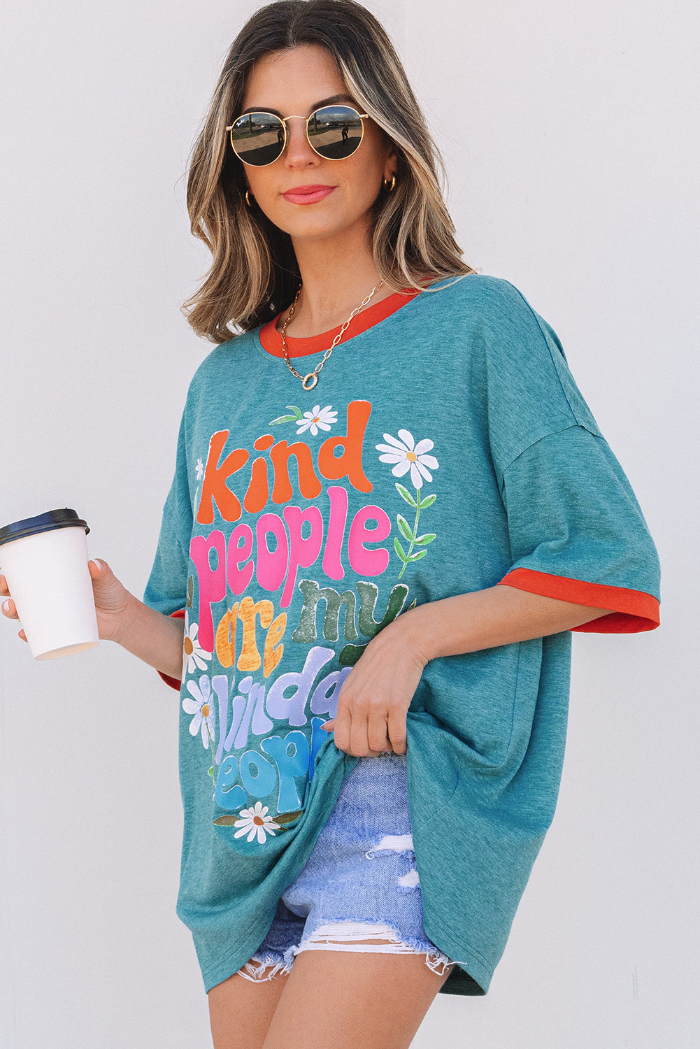 Dusk Blue Kind People are My Kind People Graphic Oversized Tee-Tops/Tops & Tees-[Adult]-[Female]-2022 Online Blue Zone Planet
