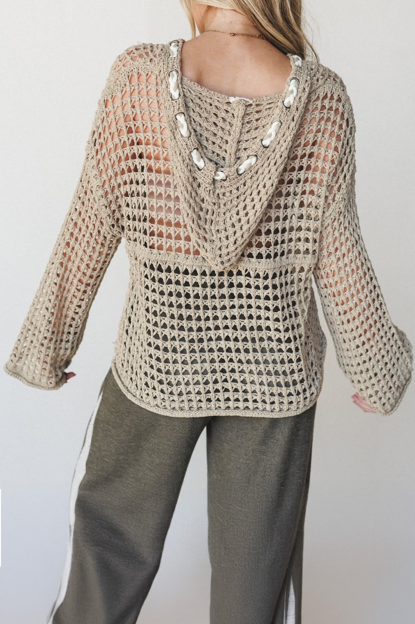 Sage Green Star Pattern Crochet Hooded Drawstring Sweater
