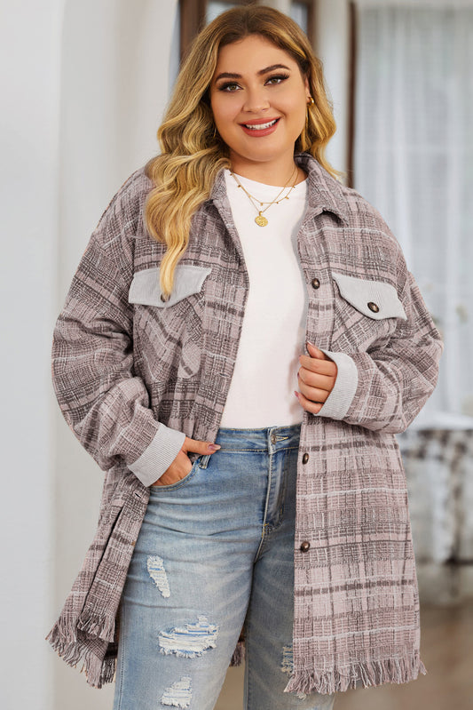 Pink Plus Size Macrame Plaid Coat-Plus Size/Plus Size Outerwear-[Adult]-[Female]-Pink-1X-2022 Online Blue Zone Planet