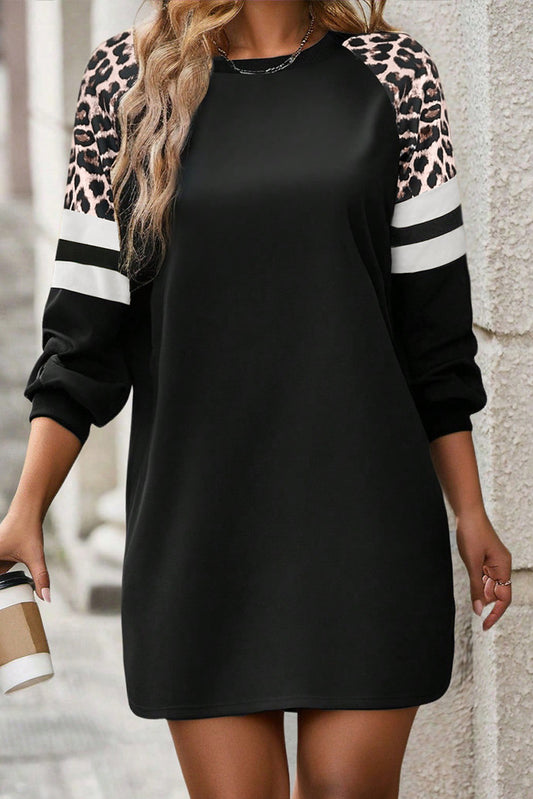 Black Leopard Print Patchwork Varsity Raglan Sleeve Sweatshirt Dress-TOPS / DRESSES-[Adult]-[Female]-Black-S-2022 Online Blue Zone Planet