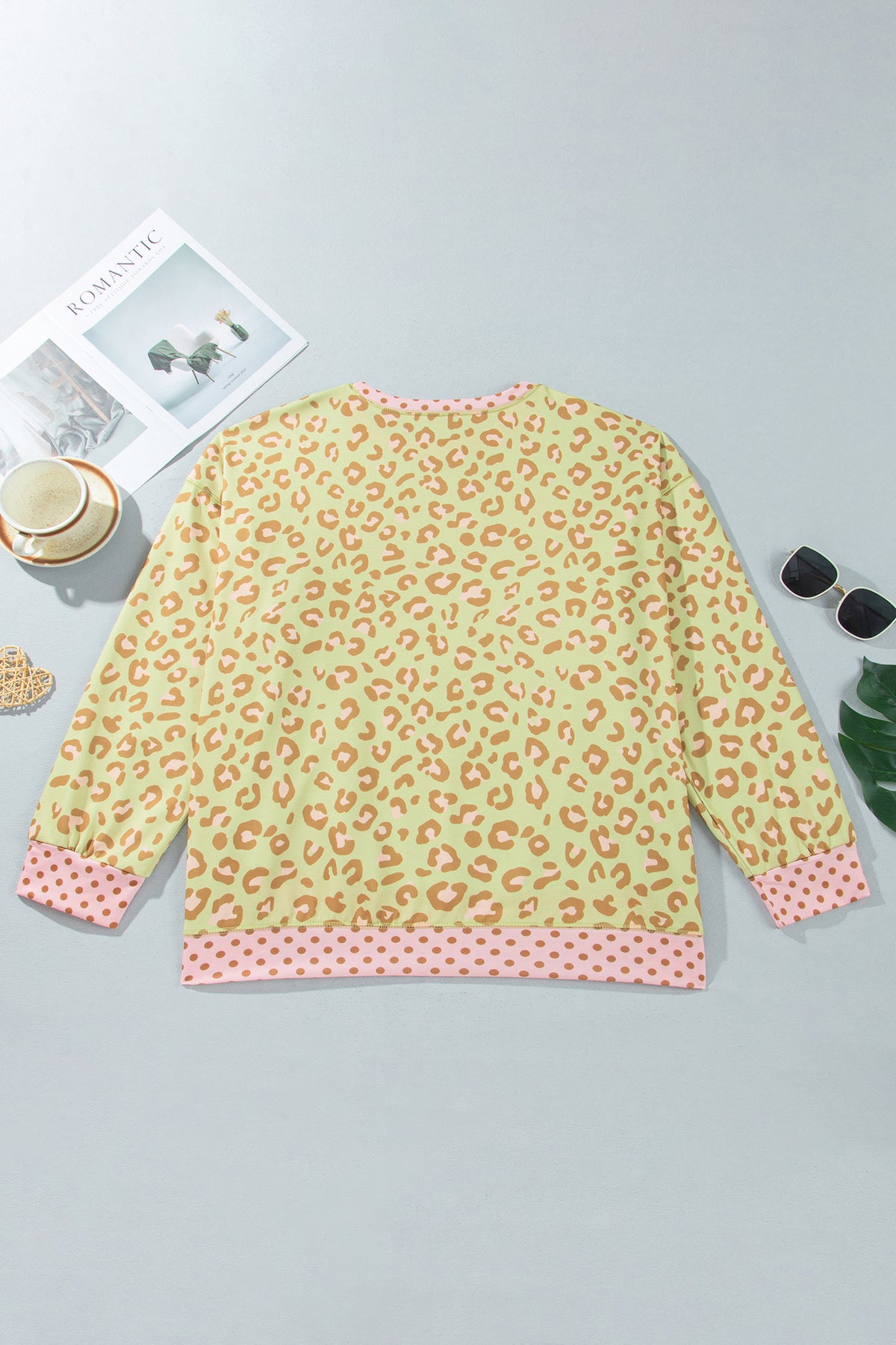 Khaki Plus Size Leopard Print Contrast Polka Dot Trim Long Sleeve Top