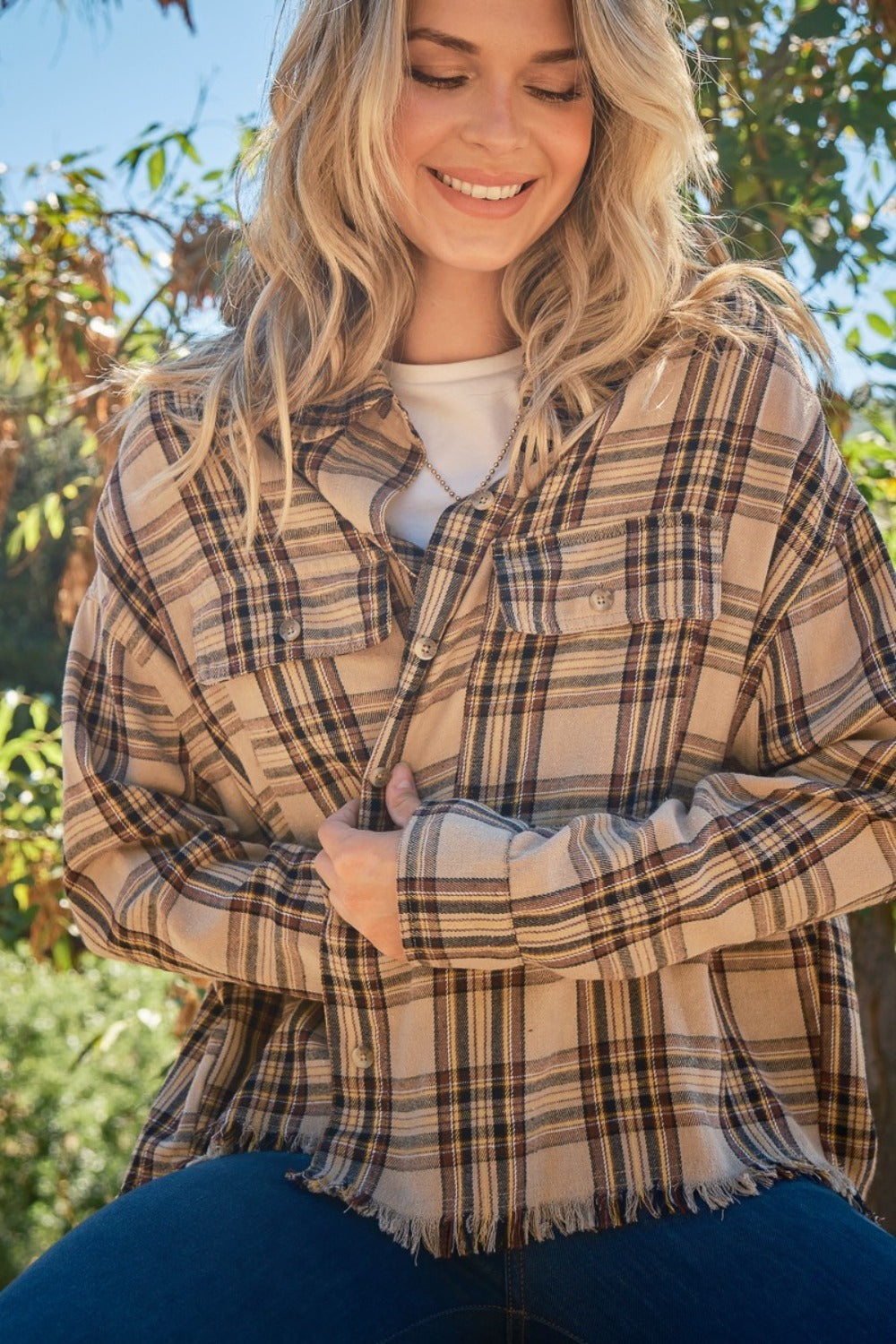 And The Why Full Size Button Up Raw Hem Plaid Shirt-TOPS / DRESSES-[Adult]-[Female]-2022 Online Blue Zone Planet